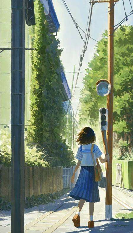 painting of a woman walking down a street with a train in the background,  makoto shinkai art style,  makoto shinkai. high...
