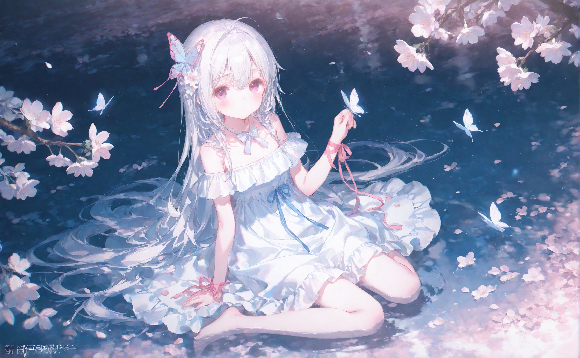 masterpiece,very aware,highres,absurdres,newest,best quality,loli,petite,high quality,chromatic_aberration,cinematic_angle,dutch angle, nyalia, //,artist:ciloranko,artist:ningen_mame,artist:sho_(sho_lwlw),artist:rhasta,artist:wlop,artist:ke-ta,artist:hiten \(hitenkei\),//1girl, butterfly, bug, solo, white butterfly, dress, long hair, white dress, white hair, flower, sitting, cherry blossoms, looking at viewer, branch, barefoot, hair ornament, white flower, wariza, petals, pink eyes, water, very long hair, hand up, bubble, hair between eyes, butterfly hair ornament, breasts, arm ribbon, pink flower, full body, closed mouth, short sleeves, artist name, white bow, bow, ribbon, red eyes, partially submerged, hair flower, medium breasts, white theme, butterfly on hand, bare shoulders, ahoge, pink ribbon, shallow water, frills, falling petals, petals on liquid, tree, parted lips, in water, outdoors, expressionless, orb, night, antenna hair, albino, detached sleeves, watermark, pale skin, bowtie, blush, jewelry, wrist ribbon, frilled dress, sleeveless dress, swept bangs, small breasts, off-shoulder dress, sleeveless, twitter username, purple eyes, collar <lora:lp400-000007p:0.7>