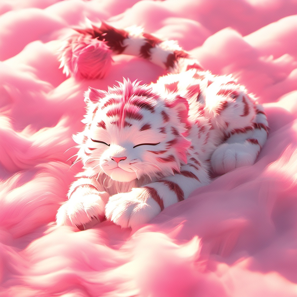 yinhu,tigger,fluffy,pink pattern,soft lighting,tiger boy,white fur,whimsy and dramatic lighting,warm colors,tigger focus,mf-movie-filter,cc-color-correction,cute,whiskers,:3,^ ^,no humans,closed eyes,tiger,cloud,red theme,lying,full body,solo,cloudy sky,sleeping,closed mouth,pink theme,sky,<lora:yinhu_xl:0.8>,