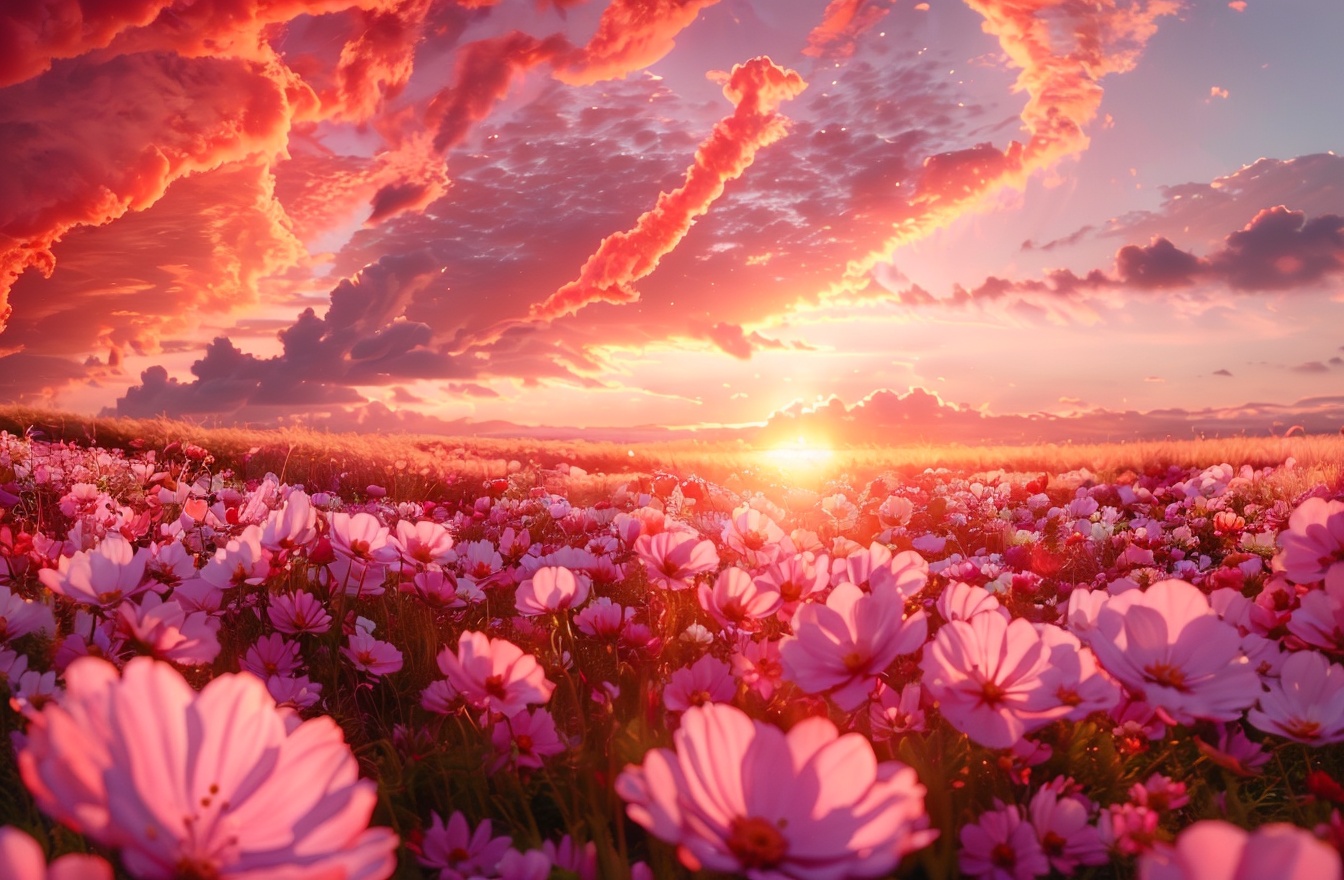 Flower sea,  masterpiece, charming visual effects, dreamy world, depth of field,  still life, Realistic, flower, outdoors, sky, cloud, no humans, ocean, cloudy sky, red flower, scenery, sunset, sun, horizon, field, flower field, red sky