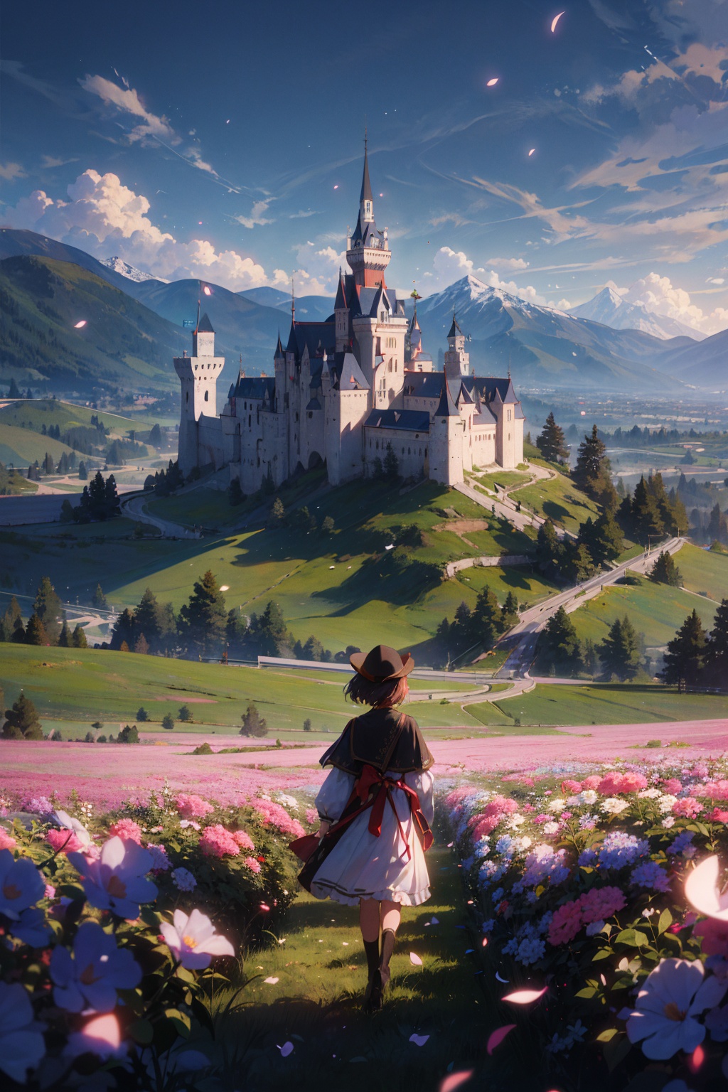 masterpiece,best quality,(ray tracing,cinematic lighting), , flatlands, mountain, castle, grass, 1girl, flower field, petals,