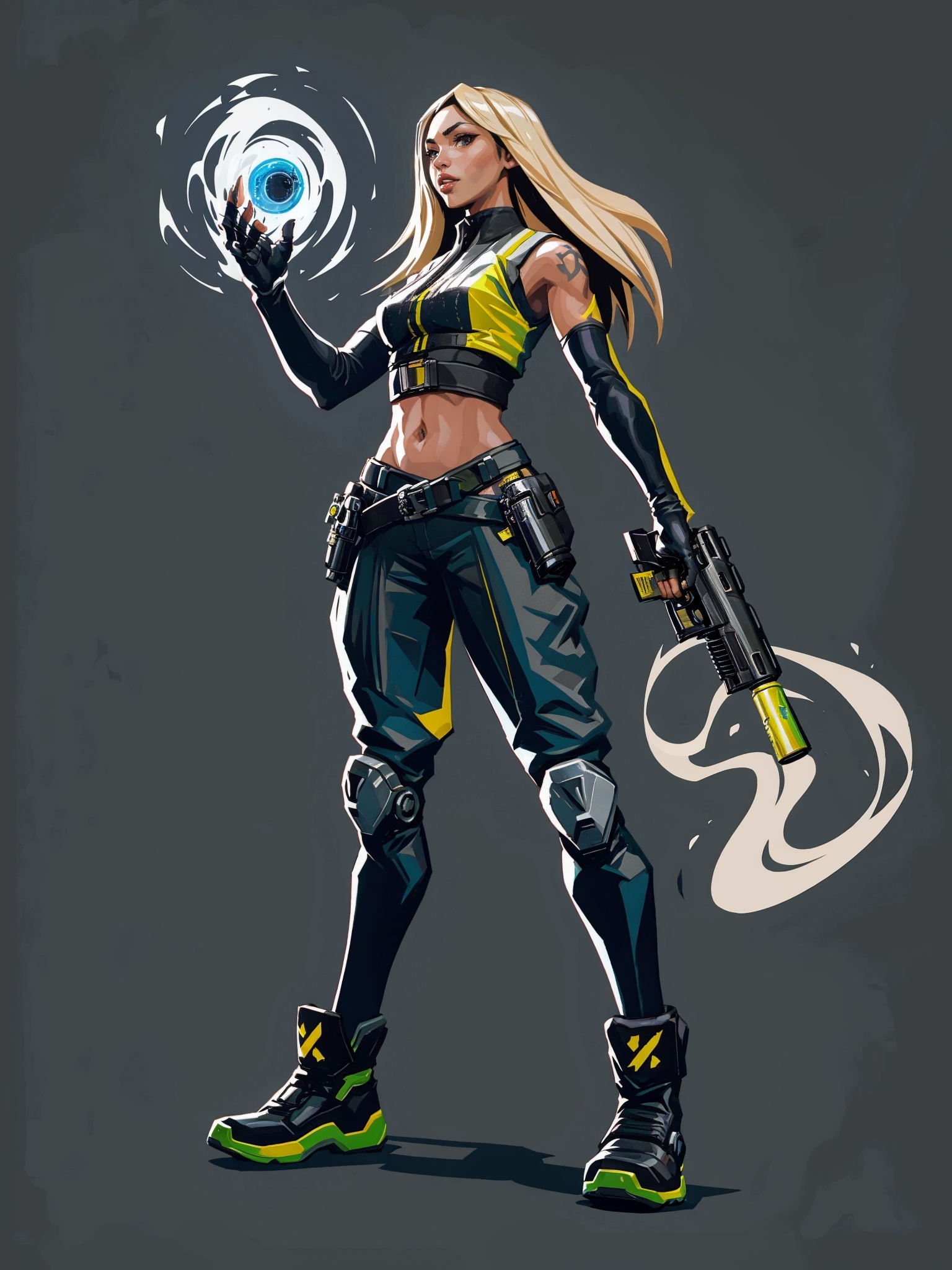 HEZI,Valenlott style,European and American cartoon character design,cutting,dividing,angular,features,1girl,weapon,solo,gun,navel,holding,fingerless gloves,holding gun,gloves,pants,holding weapon,breasts,handgun,long hair,boots,black gloves,black pants,midriff,brown hair,parted lips,black footwear,elbow gloves,dark-skinned female,blonde hair,medium breasts,black background,dark skin,tattoo,full body,grenade,standing,animification,brown eyes,smoke,pouch,belt,sleeveless,hair behind ear,explosive,lips,open hand,trigger discipline,looking at viewer,small breasts,sleeveless jacket,vest,simple background,bare shoulders,blue eyes,clothing cutout,shirt,grey pants,smoking gun,science fiction,black belt,shadow,crop top,yellow gloves,knee pads,arm tattoo,grey background,<lora:欧美卡通人物设计V2版本-000012:0.7>,