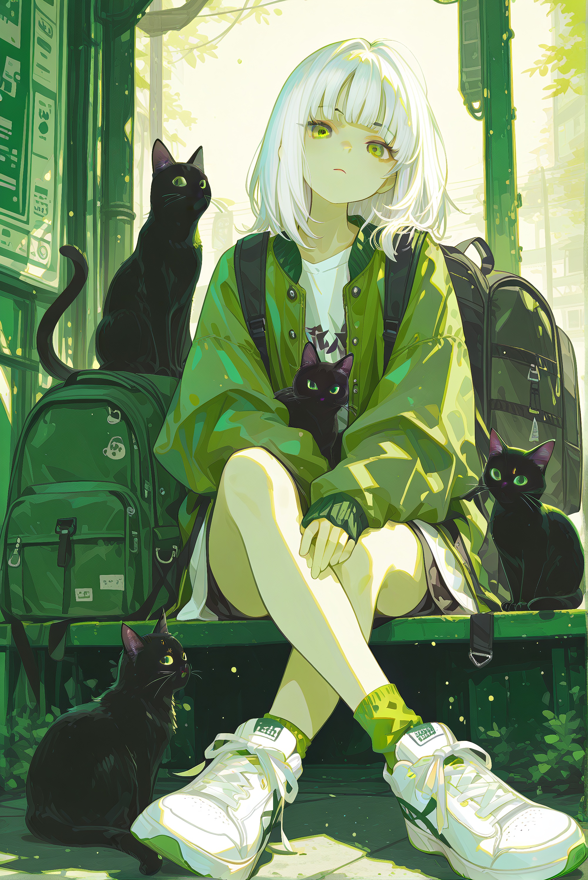 1girl, cat, green eyes, black cat, shoes, white hair, backpack, socks, looking at viewer, jacket, solo, sitting, sneakers, bag, bangs, green jacket, medium hair, animal, green theme, crossed legs, green socks, shirt