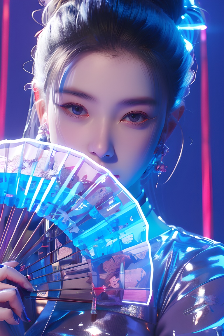 light pink,colorful,dopamine, neon lights, Cyberpunk beauty ,Chinese fan,<lora:20240218-1708234260649:0.7>, <lora:lora_美女大胸写实:0.4>, <lora:meinv123:0.6>