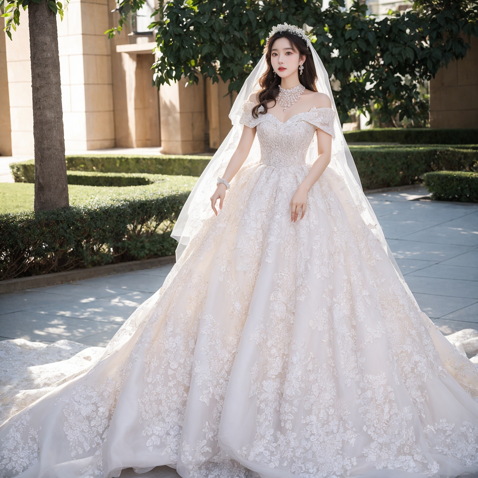 Best Quality,Masterpiece:1.4),(Realism:1.2),(Realisitc:1.2),4K,(photorealistic:1.3),1girl, white wedding dress,long dress,outdoors, flower,  jewelry,print,(Long Wavy Hair),hunsha,veil,Earrings,Jewelry,Tindal Light,  <lora:YG梦中婚纱5:0.7>,