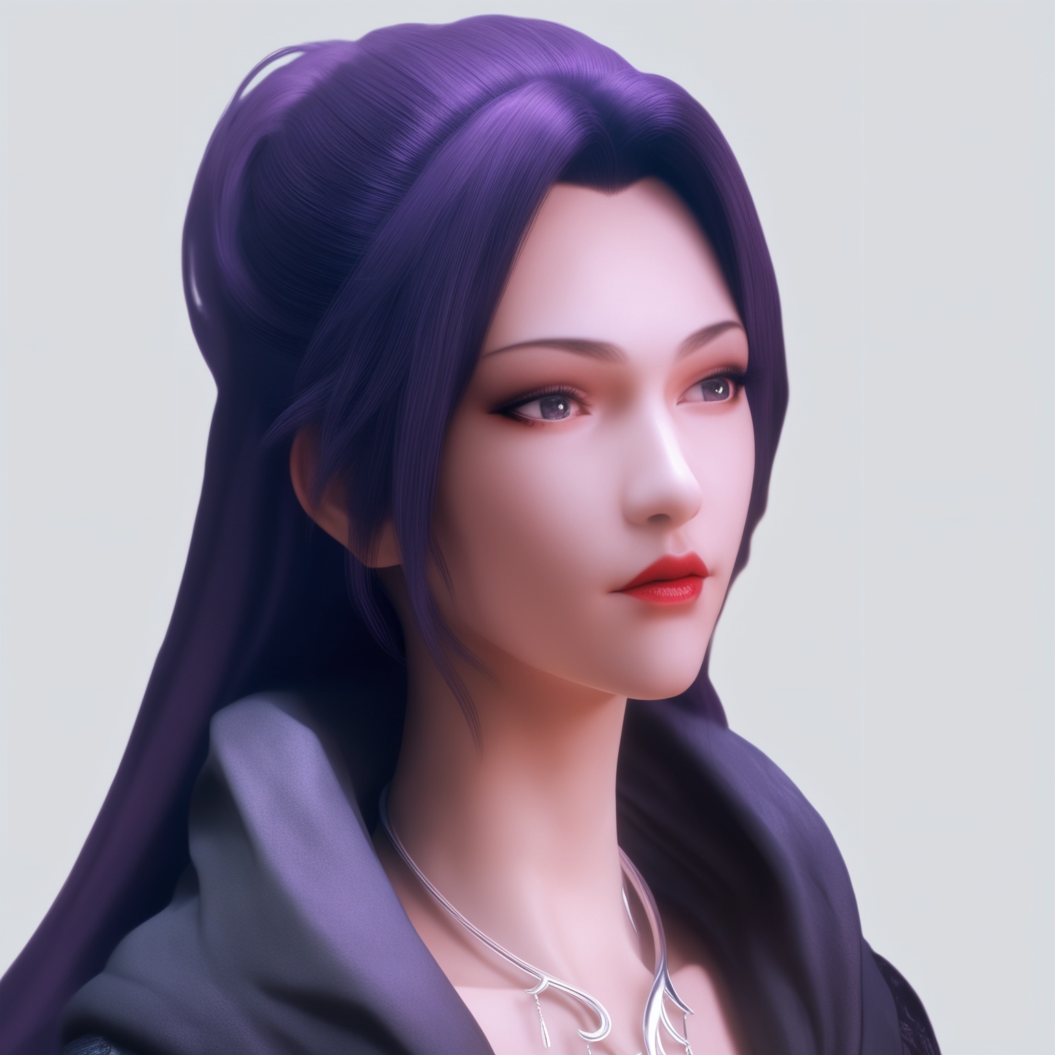 score_9,score_8_up,score_7_up,1girl,solo,jewelry,necklace,purple hair,long hair,portrait,lips,white background,simple background,red lips,hood,<lora:yunyunblack THV3:0.8>,