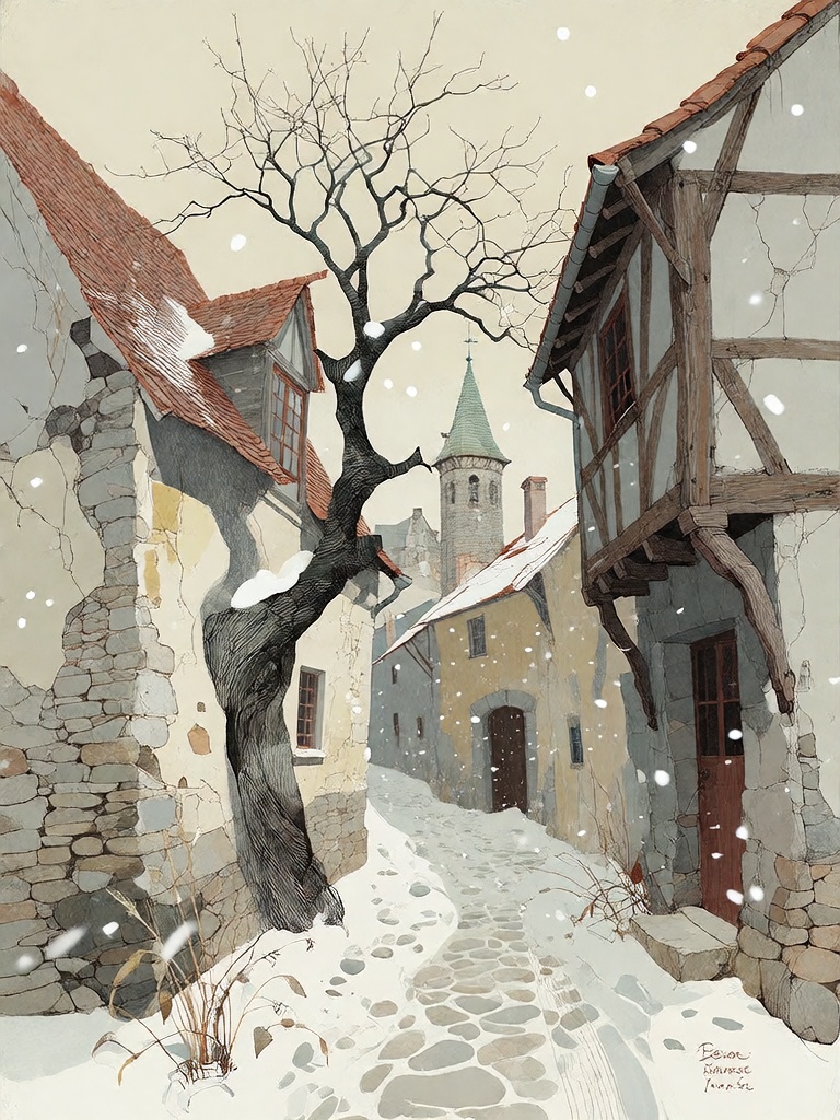 Bradhamel art style. A narrow cobblestone alleyway in a snow-dusted medieval village,  flanked by weathered stone and timb...