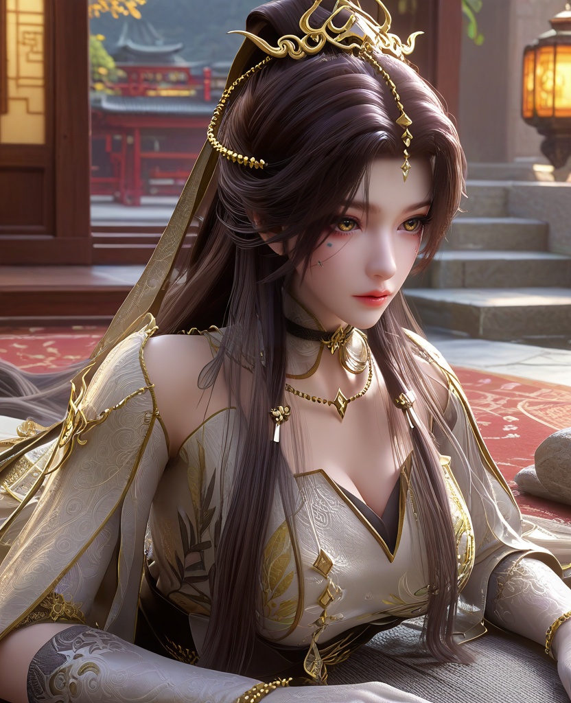 (oriental architecture, elegant decor, sophisticated style:1.1),(lying, On her stomach, head resting on her hands,:1.1),(upper body:1.1),(large breasts:1.2),<lora:XL16云深不知梦羲和白色战斗服:0.95>,miss xihe,silvery white tiered dress,shawl,yellow eyes,facial mark,black hair,absurdly long hair,traditional chinese updo with long front strands,hair ornament,jewelry,sash,gloves,tights with attached boots,, score_9,score_8_up,score_7_up,score_6_up,score_5_up,score_4_up,3d rendering,tag1,tag2, Cinematic Lighting,backlighting,