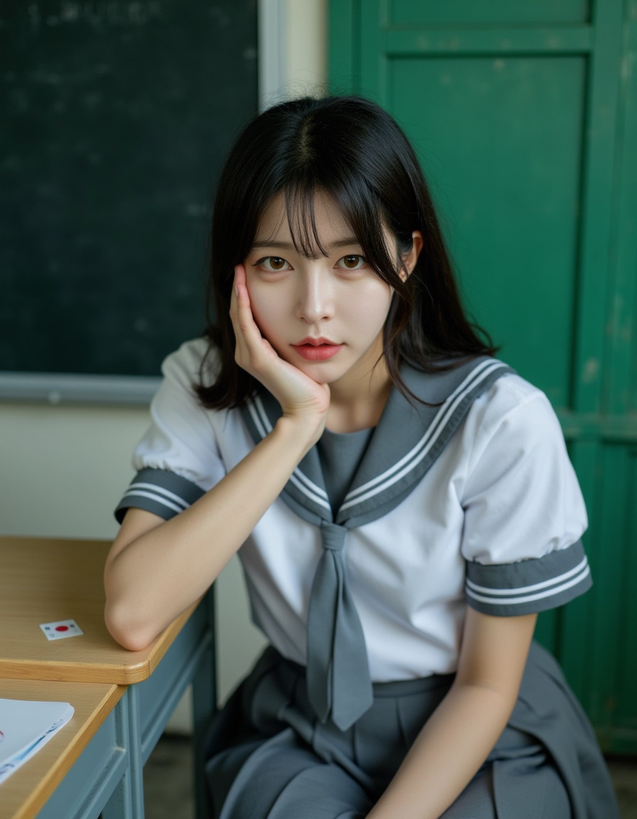 A photograph of a young Asian woman with straight black hair and bangs, sitting at a desk in a classroom. She wears a traditional Japanese schoolgirl uniform: a white blouse with black trim, a grey pleated skirt, and a grey necktie. Her expression is neutral, and she rests her chin on her right hand, which is touching her cheek. The classroom background features green walls and a blackboard on the left. The desk has a Japanese flag sticker. The overall mood is contemplative and slightly melancholic.