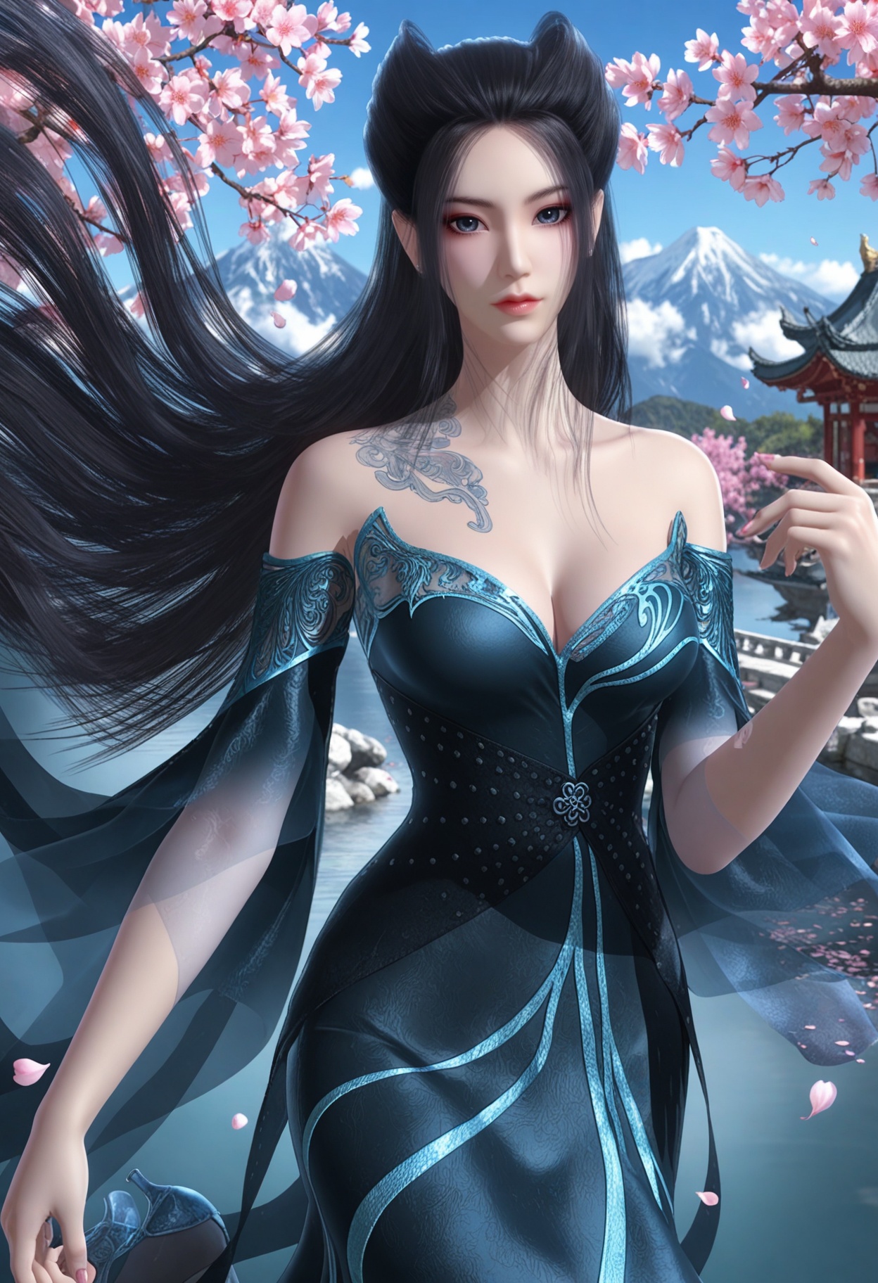 (upper_body:1.2),(looking_at_viewer:1.4),fantasy,dreamlike,Pastel Colors,hyper realistic,southeast asia,aestheticism,beautiful detailed sky,chinese mythology,wonderland,peach blossom,falling petals,smog,yunxia,<lora:YQ_li光辉v5_焰灵姬蓝衣_V1:0.8>,1girl,solo,q1528437228,black_hair,long_hair,dress,bare_shoulders,breasts,blue_eyes,realistic,cleavage,hair_bun,detached_sleeves,jewelry,blue_dress,earrings,high_heels,black_dress,piercing,tattoo,ear_piercing,shoes,footwear,