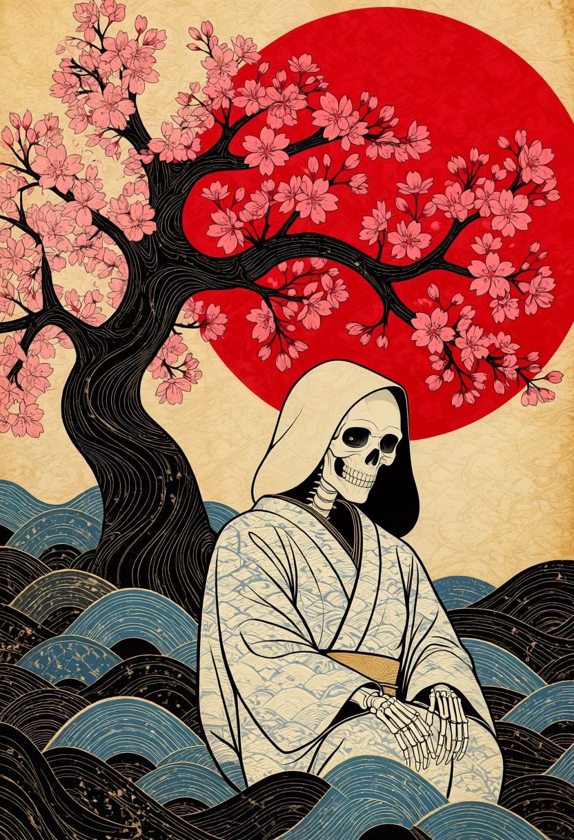 traditional ukiyo-e style,  woodblock print texture,  1skeleton on Tensor.Art