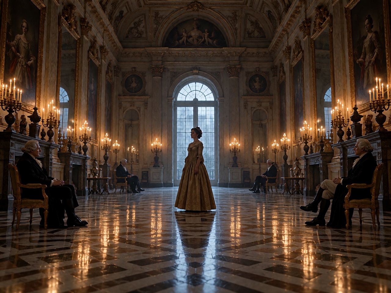 A vast 18th-century palace room lit by candles and pale daylight,  an ***** aristocratic woman standing near the center wh...