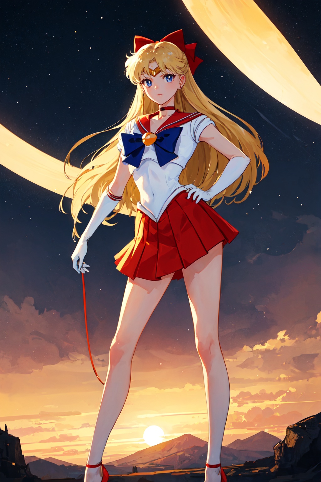 1girl,looking at viewer,solo,long hair,very long hair,blonde hair,blue eyes,choker,tiara,sailor collar,hair bow,bow,gloves,skirt,high heels,sailor senshi uniform,standing,<lora:Minako:0.8>,Minako_CYQL,bust,beautiful face,beautiful eyes,glossy skin,shiny skin,River bend, Photography, Sunset, Reflections, Tranquility, Scenic beauty,beautiful detailed sky,beautiful detailed glow,posing in front of a colorful and dynamic background,masterpiece,best quality,beautiful and aesthetic,contrapposto,female focus,wallpaper,fashion,