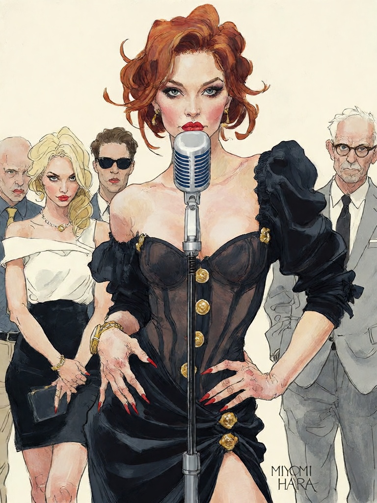 Bradhamel art style. A glamorous red-haired woman in a black corset dress with gold buttons and puffed sleeves stands cent...