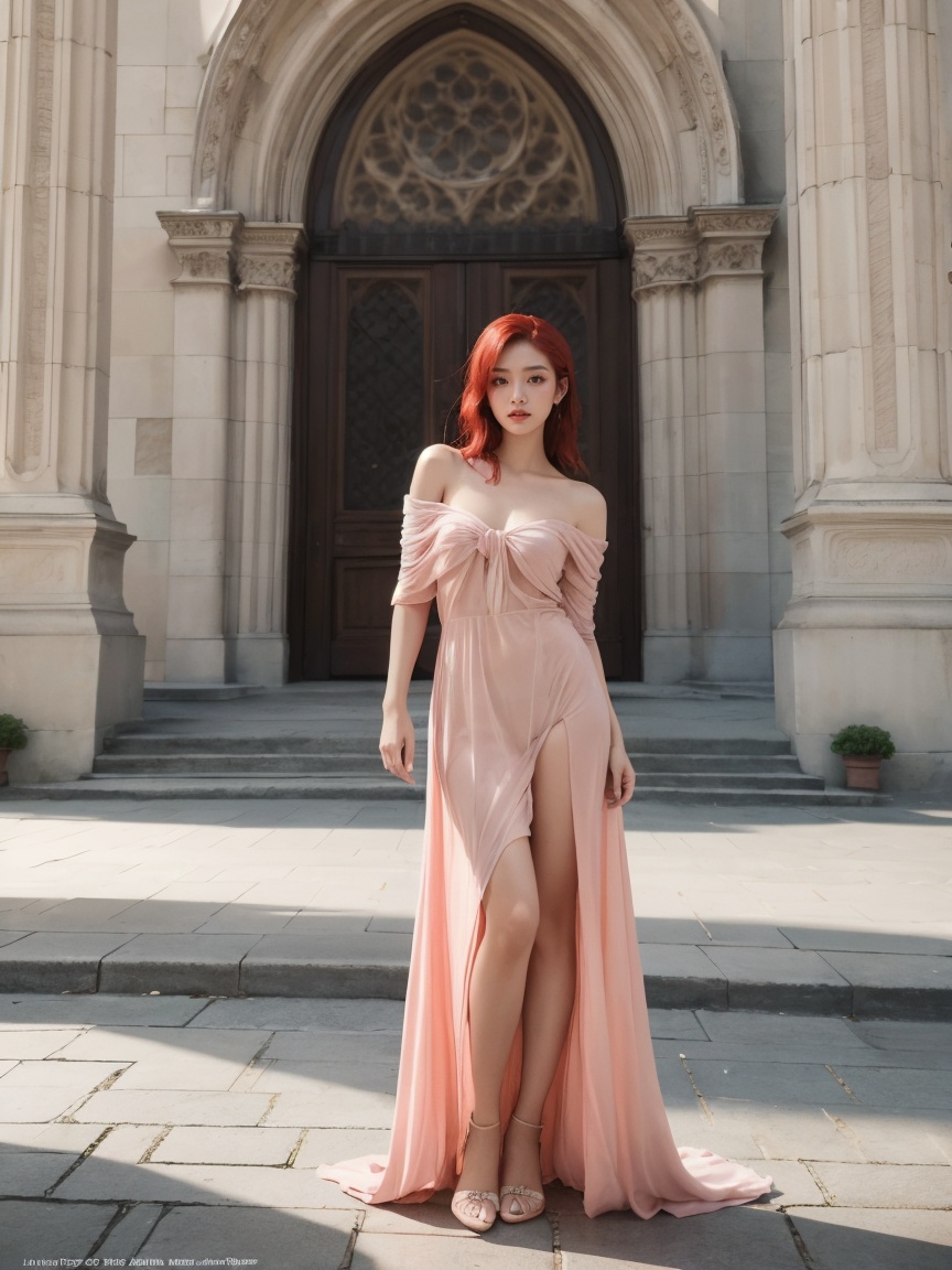 portrait of beautiful asian fashion model with pale red hair,  ethereal dreamy foggy,  photoshoot by Annie Leibovitz on Te...