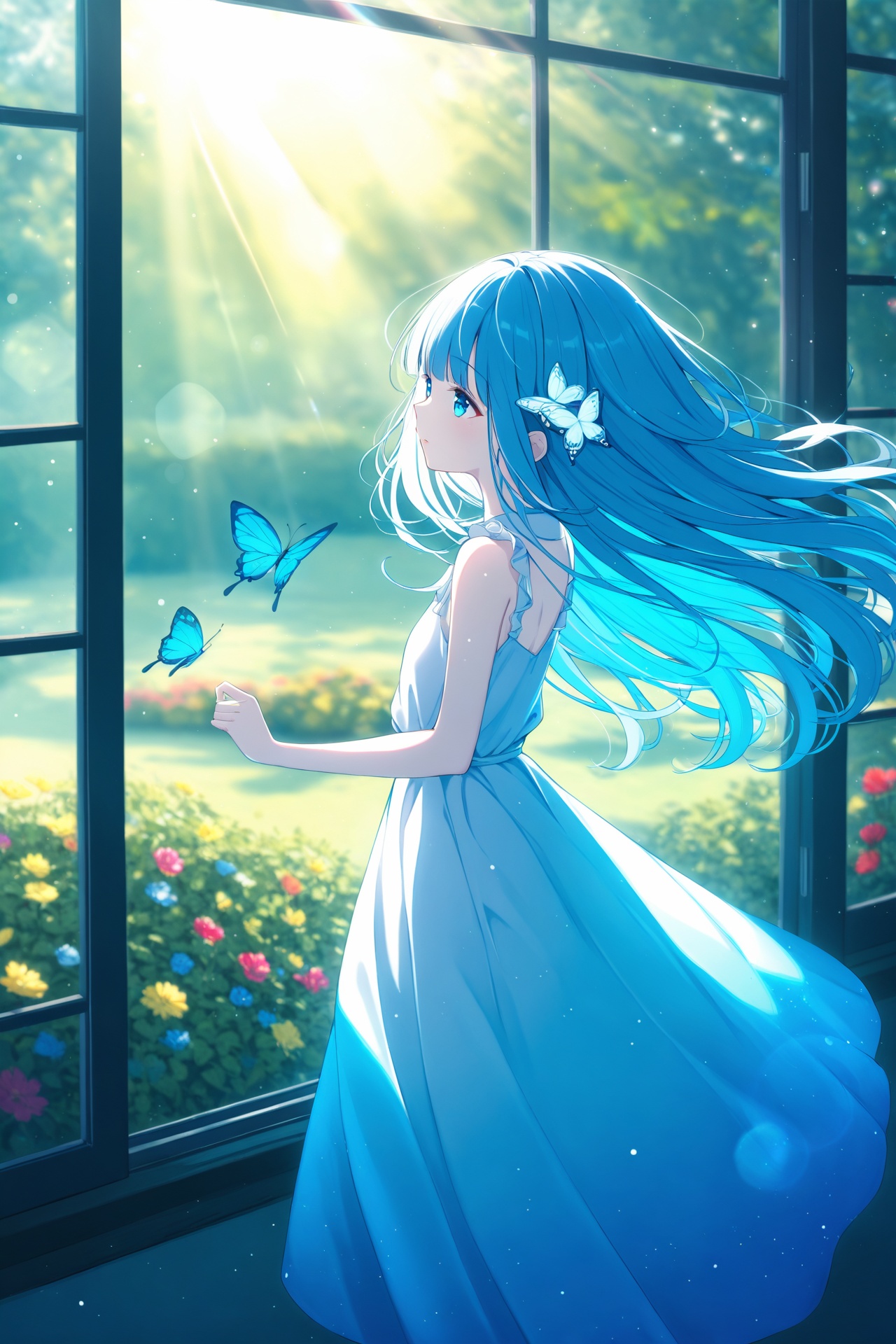 masterpiece,best quality,high quality,(colorful),1girl,loli,wide shot,(depth of field),global illumination,soft shadows,backlight,lens flare,((colorful refraction)),((cinematic lighting),looking outside,with butterfly,1girl with lightblue long hair and blue aqua eyes,hair flowers,hime cut,sunlight,blurry background,blurry,garden,White Dress,