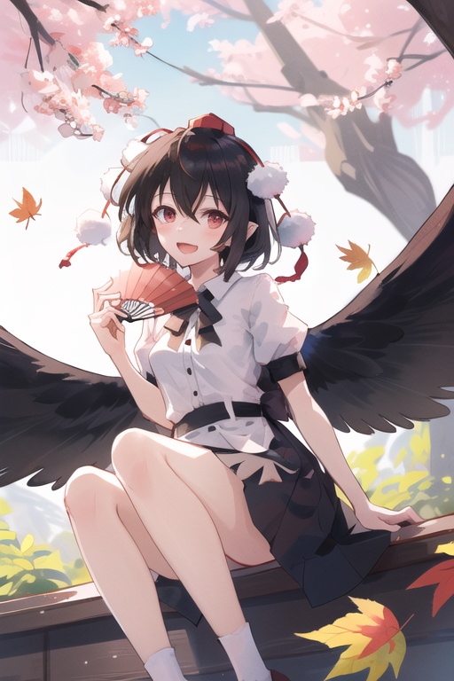 aya body,1girl,shameimaru aya,solo,wings,black wings,open mouth,smile,looking at viewer,feathered wings,sitting,holding fan,hauchiwa,leaf,<lora:shameimaru aya nai005:0.6>,