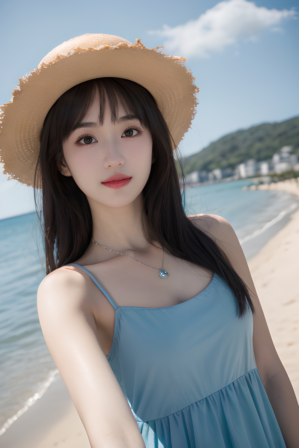 <lora:0811_03:0.7>,araffe girl with long hair wearing a straw hat and blue dress, 1girl, solo, hat, straw hat, long hair, looking at viewer, necklace, jewelry, heart necklace, smile, heart, brown hair, bangs, day, beach, outdoors, upper body, black hair, sunlight, closed mouth, swimsuit, selfie, sky, ocean,, 1girl,realistic,masterpiece, best quality, photorealistic, HDR,detail