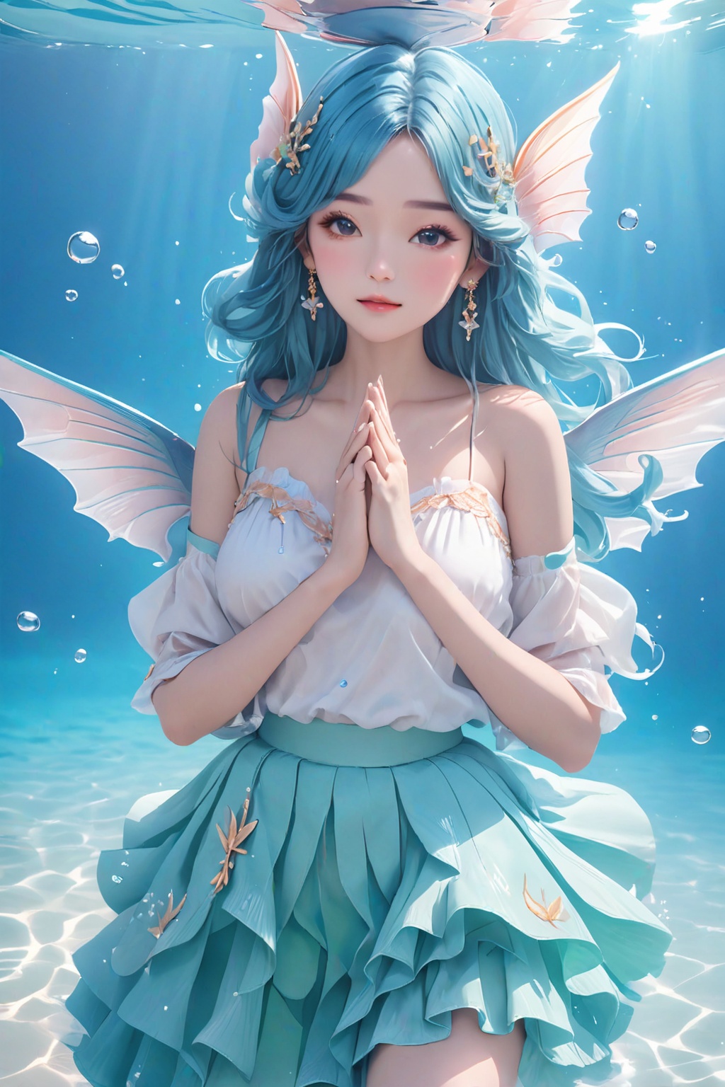 (1girl),smooth chin,masterpiece,detailed face,((hair ornament)),top quality,4k,make up,best quality,alone,single,solo,only one,one character,blush,(body blush),(detached sleeves),earrings,(blue hair),under water,(head fins),long hair,(from below),ocean,(puffy hair:1.13),head wings,frilled skirt,frilled clothes,model,looking at viewer,Cute Women,frilled shirt,bubble skirt,green skirt,full body,(detached shirt),bandeau,blue skirt,(Prayer with both hands),Masterpiece, the best quality,(The best hand)