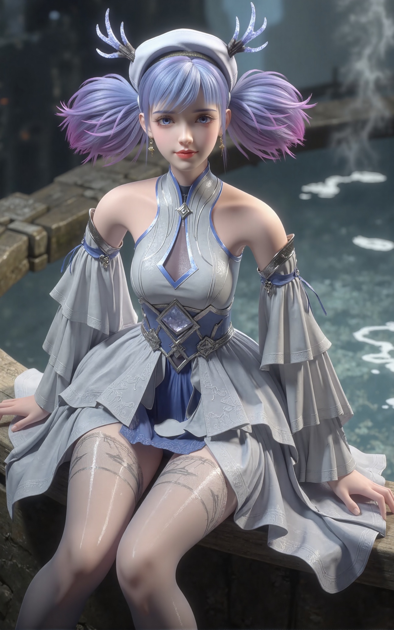 Tutu Aurora 8D Pantyhose (the name is a trigger word), Generate an elegant and serene image of Xiaolu — a female character inspired by East Asian aesthetics. She is sitting beside a tranquil hot spring, with steam gently rising around her. The scene has a soft, warm glow that highlights her delicate features.  Xiaolu has long purple hair styled in twin tails or pigtails, some strands are lavender with purple tips, others dyed blue or pink. Her bangs frame her face as she looks directly at the viewer with a gentle, confident smile that conveys both grace and charm.  Instead of a swimsuit, she wears a white and silver futuristic fantasy outfit: a high-collar dress with off-shoulder sleeves, a frilly skirt, and thigh-high stockings. Accessories include an ornate headpiece, feather-adorned hat, silver choker, large earrings, and intricate jewelry with elaborate patterns. Despite the modest attire, her poised posture and expression convey a subtle sense of elegance and allure.  The setting is dreamy and atmospheric, with warm lighting reflecting on the water's surface and surrounding rocks. The overall mood is peaceful yet captivating, blending sensuality with refinement.  The image should be rich in detail, emphasizing fabric texture, lighting effects, and facial expression. tutu Aurora 8D Pantyhose