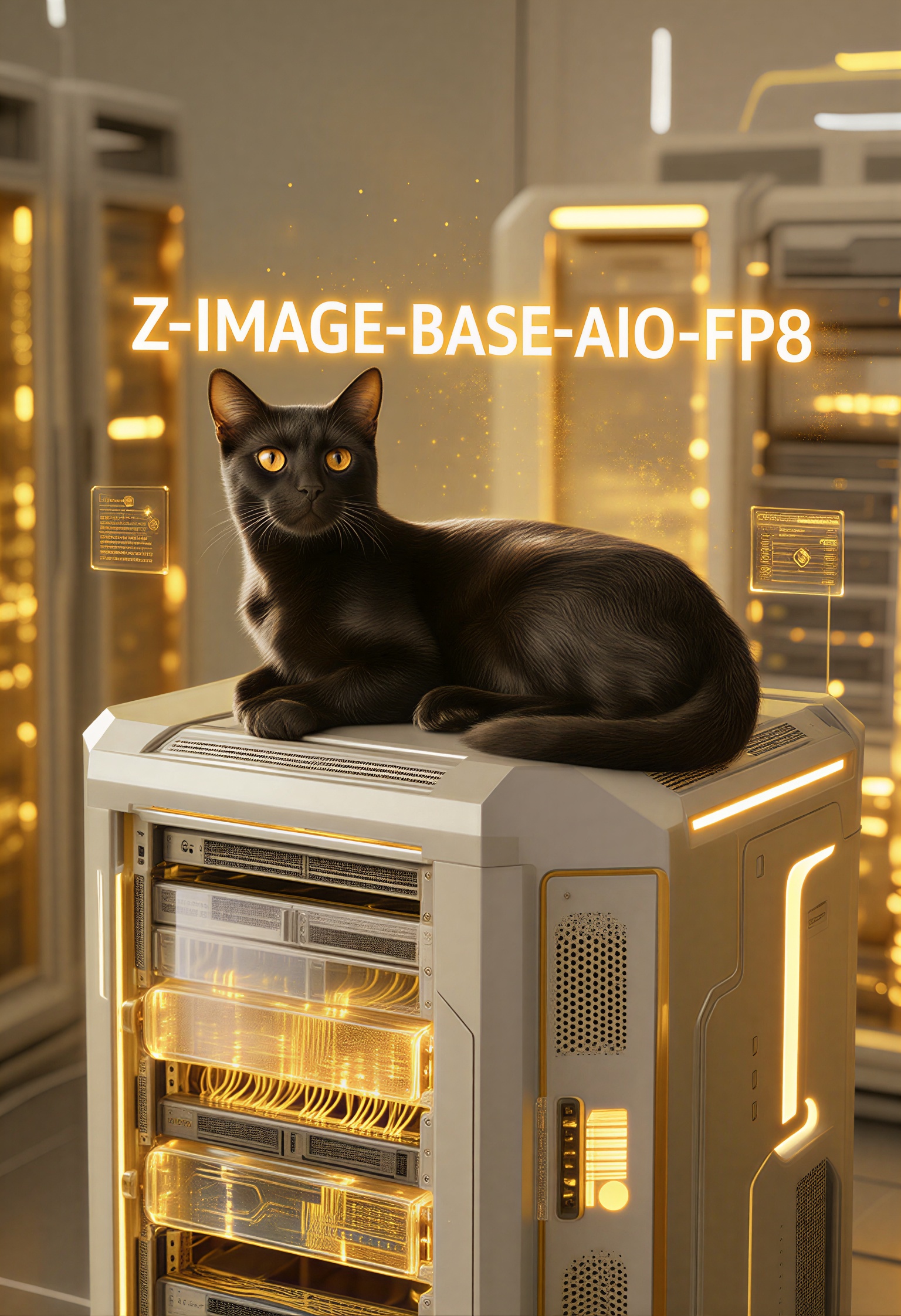 Advanced futuristic data center with rows of sleek server towers emitting soft golden light. Close-up view of high-tech se...