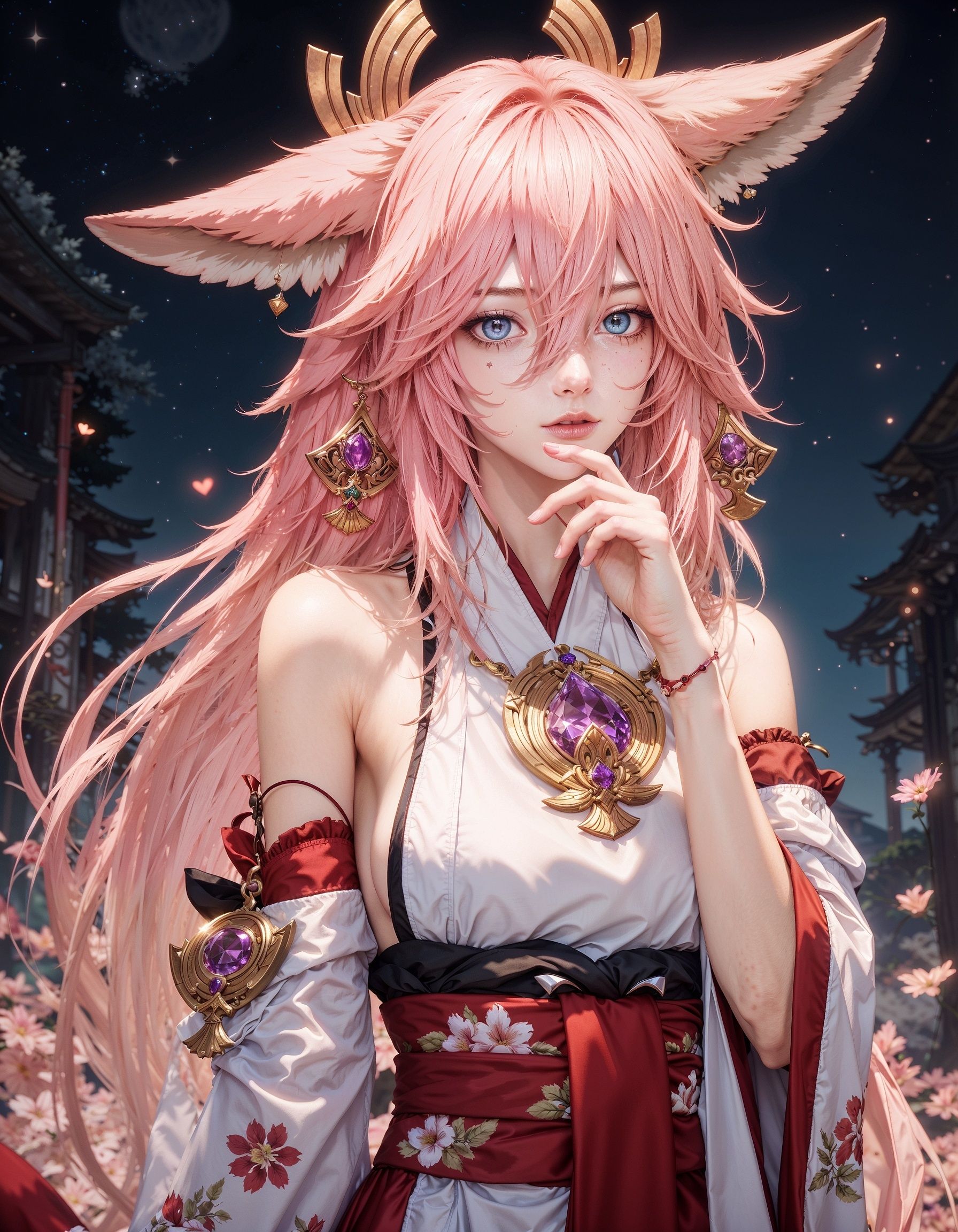 FluxYaeMiko,  A stunning pink-haired girl with fox ears and ornate accessories,  exuding an aura of elegance and mystery....