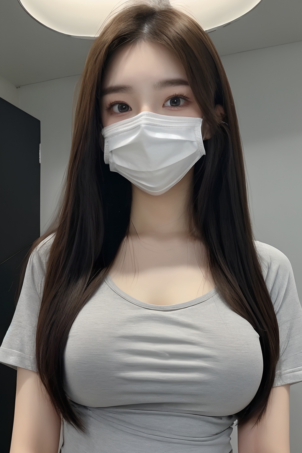 1girl,large breasts,collarbone,covered_mouth,gag,gagged,improvised_gag,long_hair,mask,large breasts,mouth_mask,realistic,shirt,solo,surgical_mask,tape,tape_gag,Sling，<lora:meinv45:0.7>,
