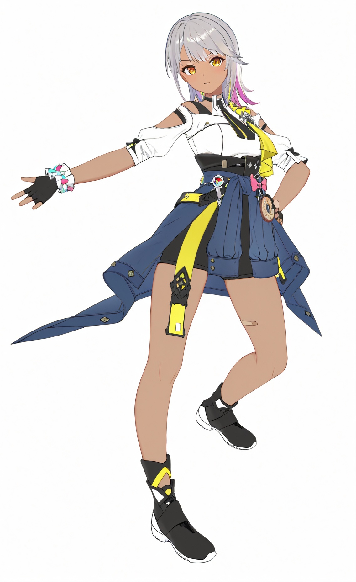 8k, best quality, masterpiece, (ultra-detailed), (high detailed skin), (white background:1.5), (full body:1.2), (white background), standing, looking at viewer, (solo), hands on hips, <lora:Carol-artiwaifu-Tanger-000014:0.7>, Carol, def clothes, 1girl, gloves, fingerless gloves, dark-skinned female, dark skin, black gloves, clothes around waist, yellow eyes, black footwear, grey hair, (beautiful_face), ((intricate_detail)), clear face, ((finely_detailed)), fine_fabric_emphasis, ((glossy)), full_shot, 