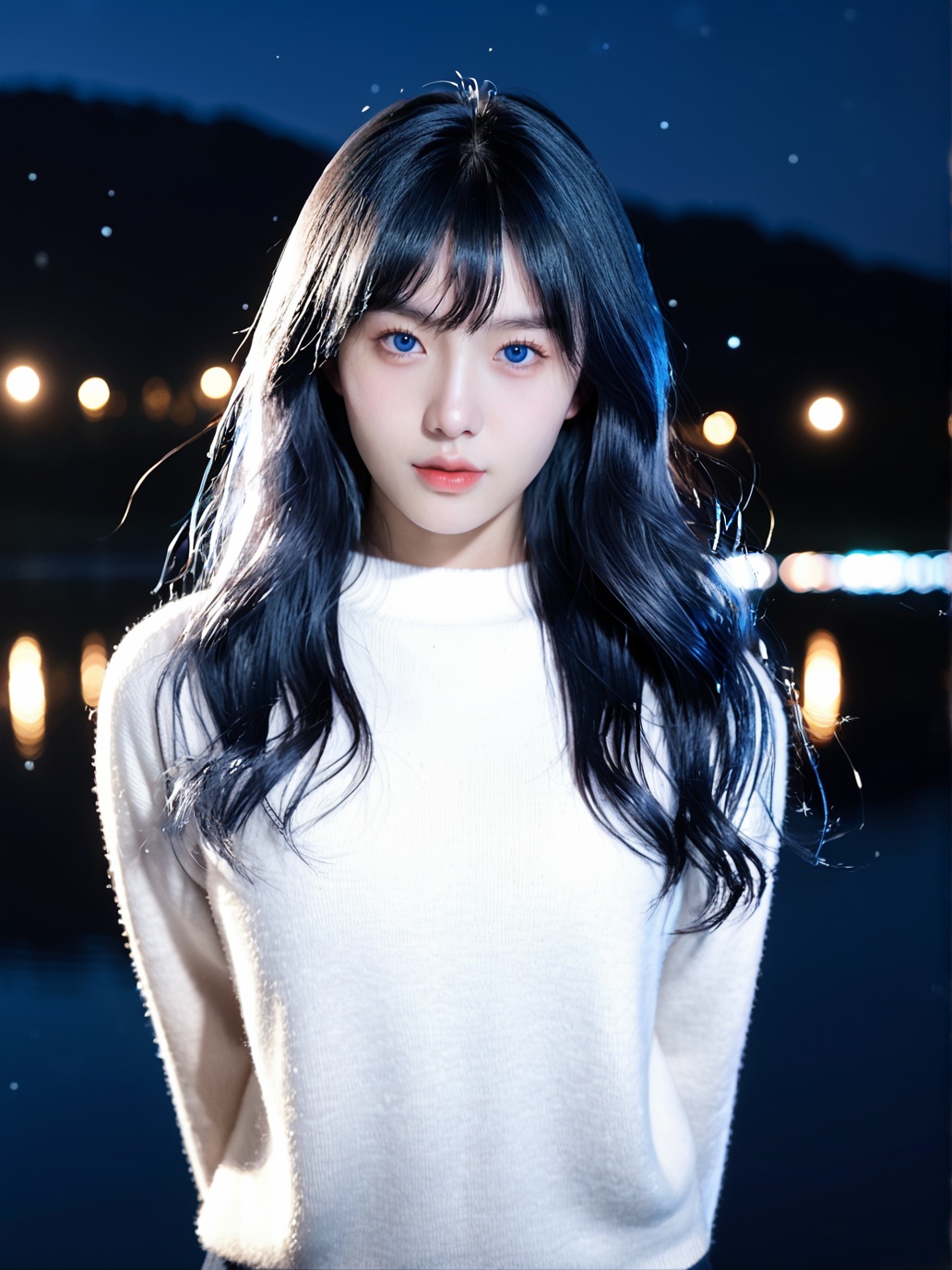 score_9,score_8_up,score_7_up,source_3d,rating_safe,portrait,<lora:wd-000008:0.8>,wangdong,1girl,solo,closed mouth,blue eyes,(blue wavy hair),white sweater,arms behind back,looking at viewer,outdoors,night,nature,lake,light particles,sparkle,blurry background,