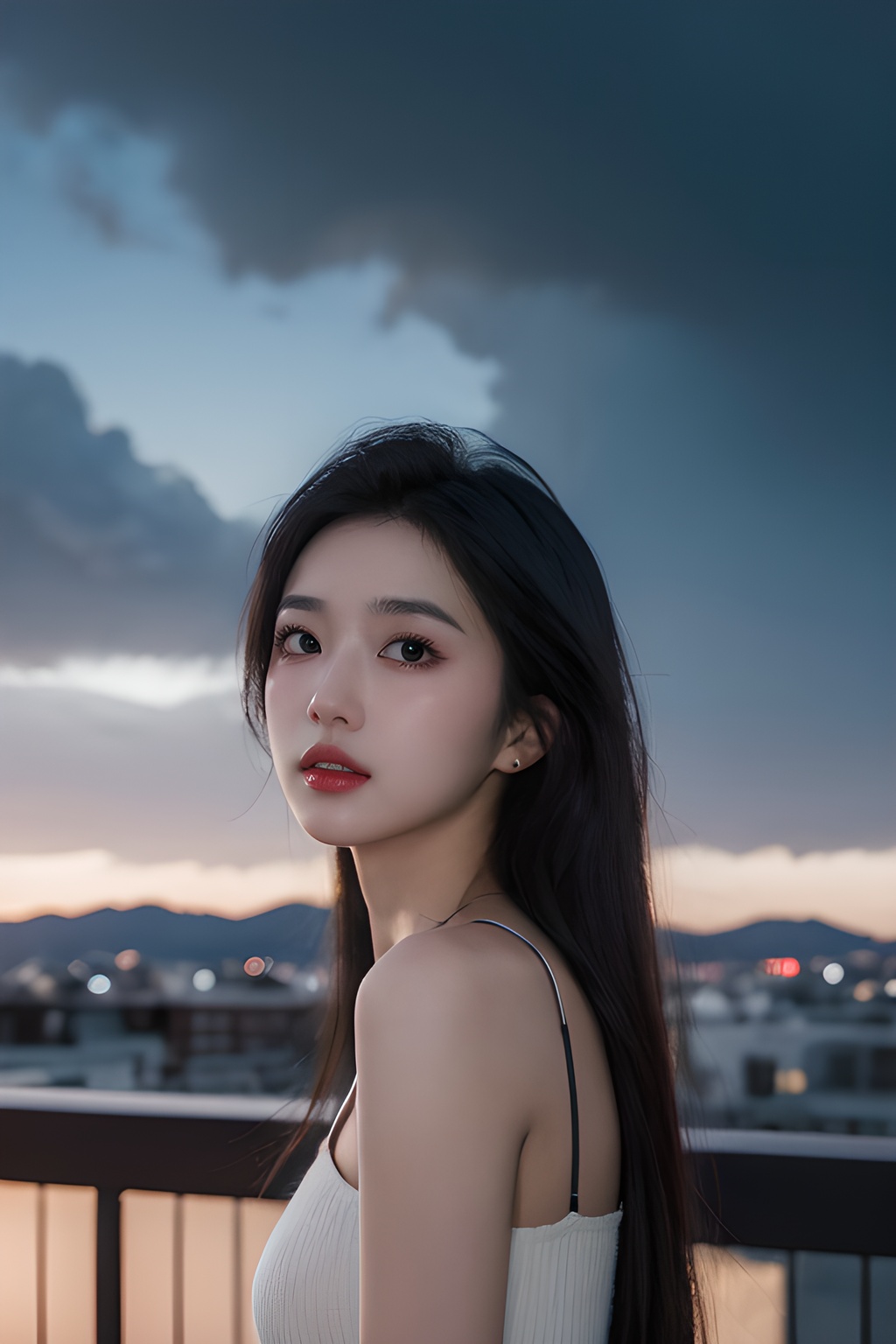 <lora:0811_04:0.7>,Frontal photography,Look front,evening,dark clouds,the setting sun,On the city rooftop,A 20 year old female,Black top,Black Leggings,black hair,long hair, dark theme, muted tones, pastel colors, high contrast, (natural skin texture, A dim light, high clarity) ((sky background))((Facial highlights)),, 1girl,realistic,masterpiece, best quality, photorealistic, HDR,detail