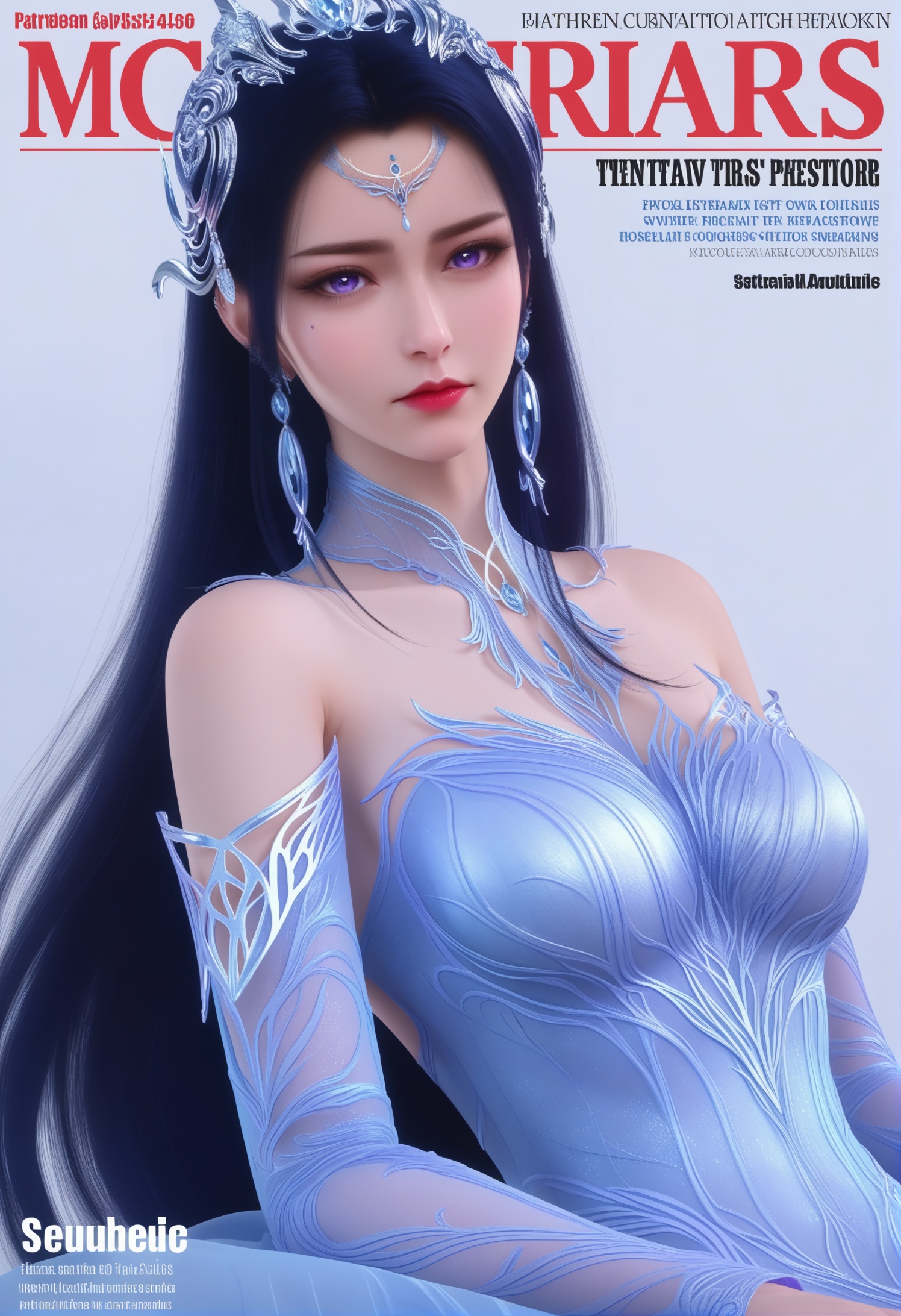 score_9,score_8_up,score_7_up,1girl,solo,realistic,(looking at viewer:1.1),1girl,solo,realistic,dress,blue dress,white dress,long dress,clothing cutout,long sleeves,detached sleeves,1girl,solo,realistic,jewelry,tiara,hair ornament,gem,forehead jewel,earrings,collar,1girl,solo,realistic,(mature face:1.2),big eye,(pale_skin:1.1),shiny_skin,slender face,long hair,black hair,purple eyes,blue eyes,forehead mark,facial mark,eyelashes,red lips,bare shoulders,closed mouth,realistic,solid background,simple background,(magazine cover theme:0.75),(white chair:0.8),<lora:小巳-叶婵宫:0.85>,