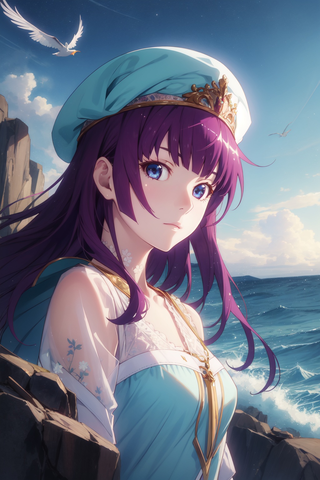 <lora:Hitagi-000008:0.8>,Hitagi CYQL,1girl,looking at viewer,solo,long hair,purple hair,blue eyes,Vintage-inspired ensemble with a A-line dress, pillbox hat, and gloves,Bored, A slack jaw, drooping eyelids, and a slightly uninterested gaze.,bust,beautiful face,beautiful eyes,glossy skin,shiny skin,Cliffs, Waves, Coastline, Rocks, Sea spray, Seagulls, Dramatic, Power,(Epiphytes, Rainforest canopy, Canopy walk, Exotic birds, Tropical humidity, Rainforest adventure:0.6),beautiful detailed sky,beautiful detailed glow,masterpiece,best quality,beautiful and aesthetic,wallpaper,