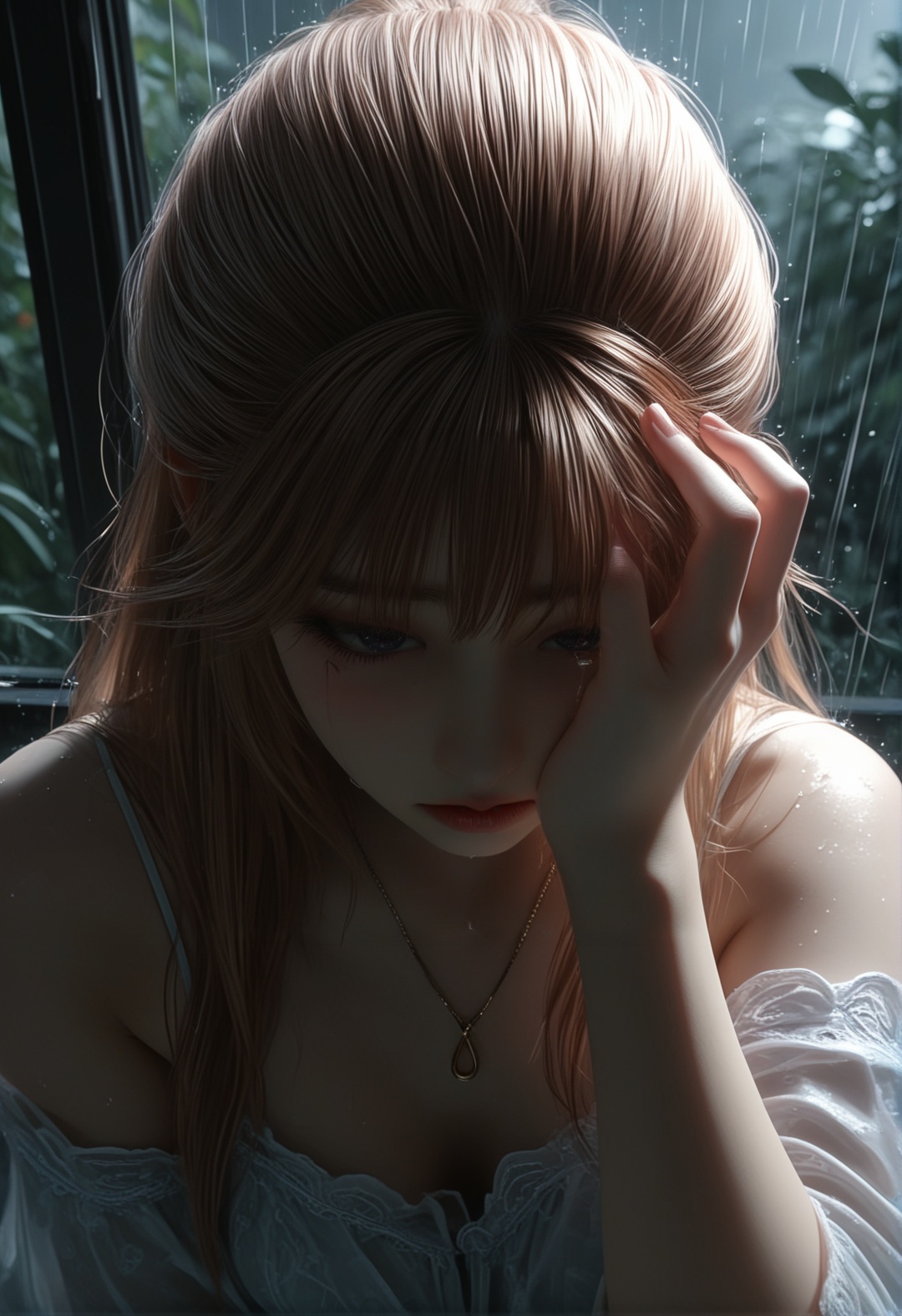 masterpiece,best quality,amazing quality,high resolution,ultra-detailed,absurdres,(looking at viewer:1.1),upper body,(moody lighting:1.1),1girl,solo,long hair,makeup,BREAKcollarbone,sheer overlay,bare shoulders,jewelry BREAK photorealistic details,facepalm,shy,blush,sad,tears,streaming_tears,teardrop,rain,45 ° head up,the rain hit the face,<lora:火允儿gh:0.7>,