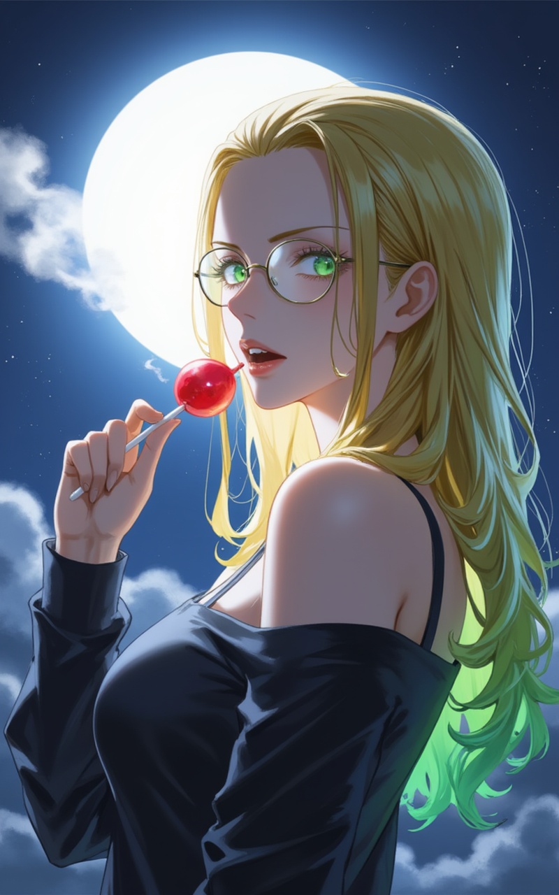 <lora:卡莉法10:0.9> Kalifa one piece,Kalifa\(one piece\),blonde hair,green eyes,glasses, 1girl, lollipop, candy, food, solo, blonde hair, glasses, green eyes, long hair, holding candy, holding, moon, holding lollipop, looking at viewer, open mouth, holding food, smoke, full moon, off shoulder, bare shoulders, night, upper body, multicolored hair, from side, teeth, long sleeves, shirt, cigarette, round eyewear, green hair, backlighting