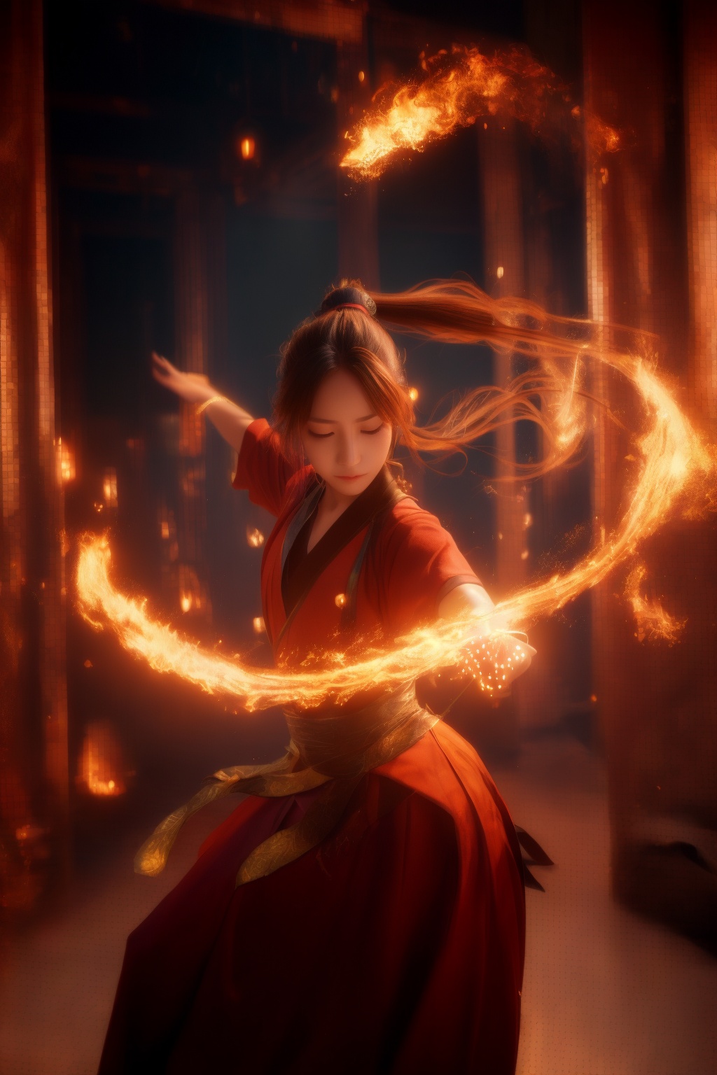 orang-aura,using orang-magic,orang-magic,ancient-costume,dancing,solo,1girl,fire,long hair,ponytail,<lora:magic_fighting_768:0.8>,