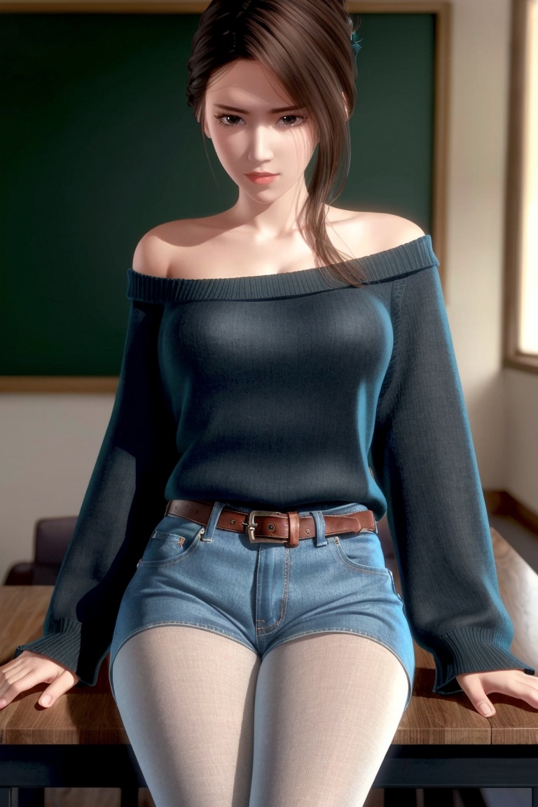 ((HRD, HUD, 8K)),((masterpiece, best quality)), highly detailed,1girl, solo, hair bun, brown hair, long hair, black hair, brown eyes, lips, (off-shoulder sweater:1.2), denim shorts, black pantyhose, blurry background, classroom, chalkboard, sitting, cowboy shot, looking at viewer, <lora:20240511-1715391469403:0.7>