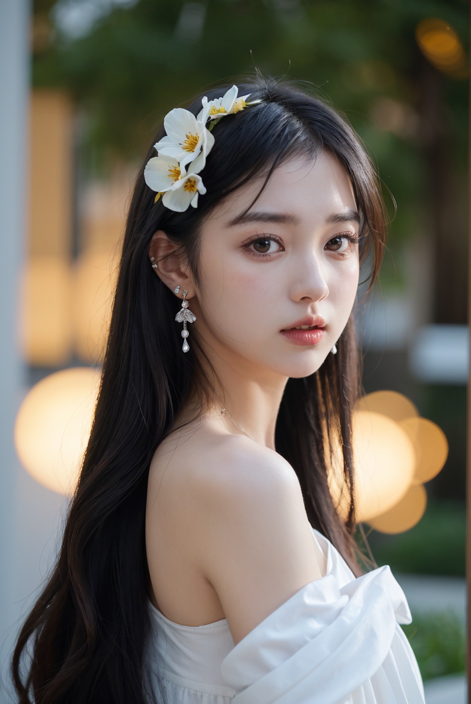 1girl, solo,(front view:1.2),(looking_at_viewer:1.4),(eye-contact:1.4),,black hair, long hair, jewelry, realistic, earrings, hair ornament, black eyes, lips, collarbone, parted lips, flower, watermark, upper body, portrait, hair flower, dress, web address,  <lora:YG红颜阁美女8:0.85>,