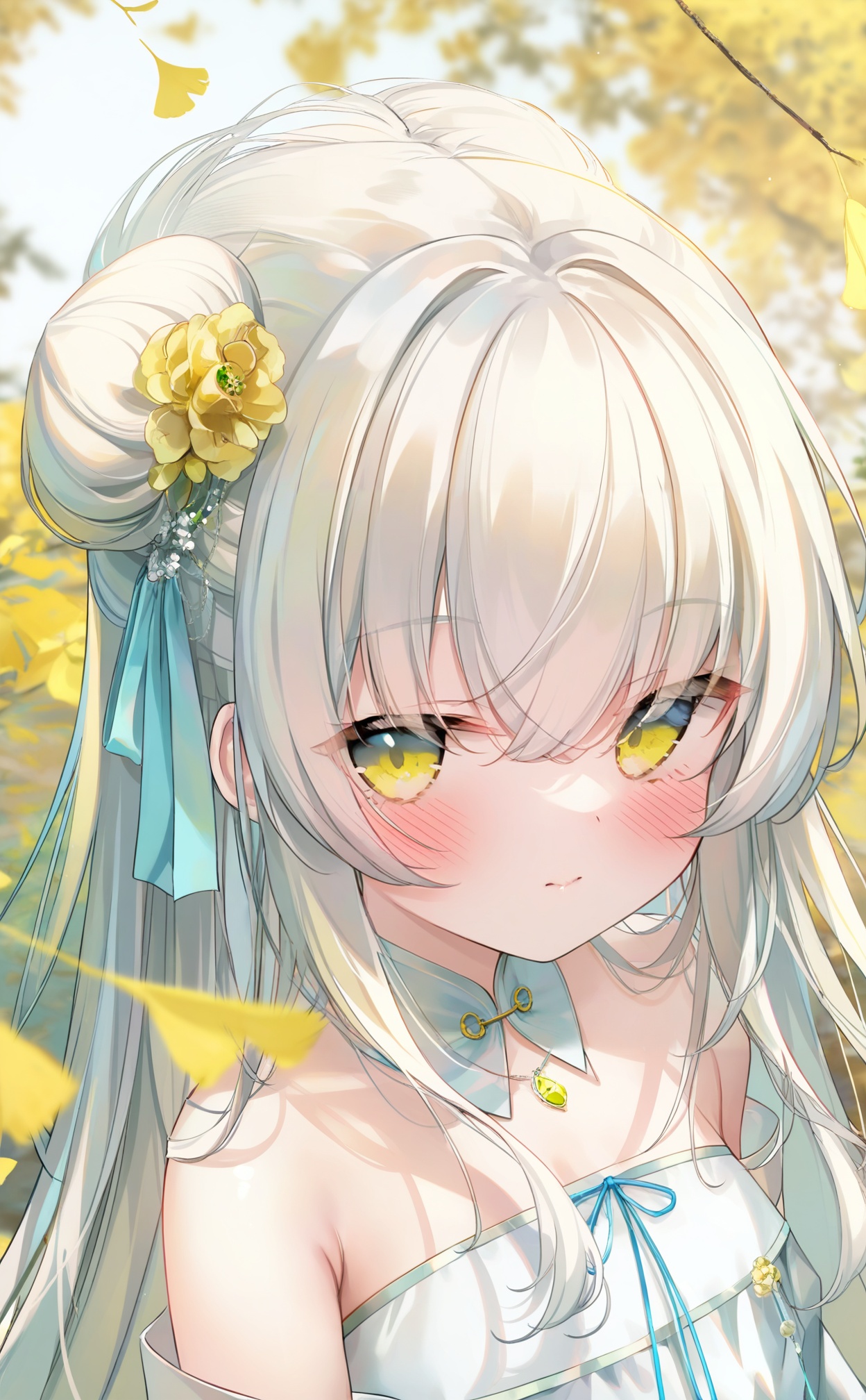 masterpiece,absurdres,best quality,loli,petite,high quality,chromatic_aberration,//,,hanfu,1girl, solo, hair_ornament, flower, hair_flower, white_hair, long_hair, green_eyes, hair_bun, looking_at_viewer, leaf, yellow_flower, blurry_background, blurry, ribbon, hair_ribbon, hair_between_eyes, portrait, closed_mouth, yellow_eyes, bell, ginkgo_leaf, blush, single_hair_bun, hair_bell, depth_of_field, upper_body, crossed_bangs, necklace, jewelry, bare_shoulders, blue_ribbon, single_side_bun, looking_to_the_side, white_dress, falling_leaves//,//,official art,depth of field,detailed light,blurry background,best shadow,shiny skin,cinematic lighting,ray tracing,amazing quality,very aesthetic,absurdres,beast quality,ultra detailed,newest,8K,HDR//,<lora:guizhencao3——【noob】hans:1>,