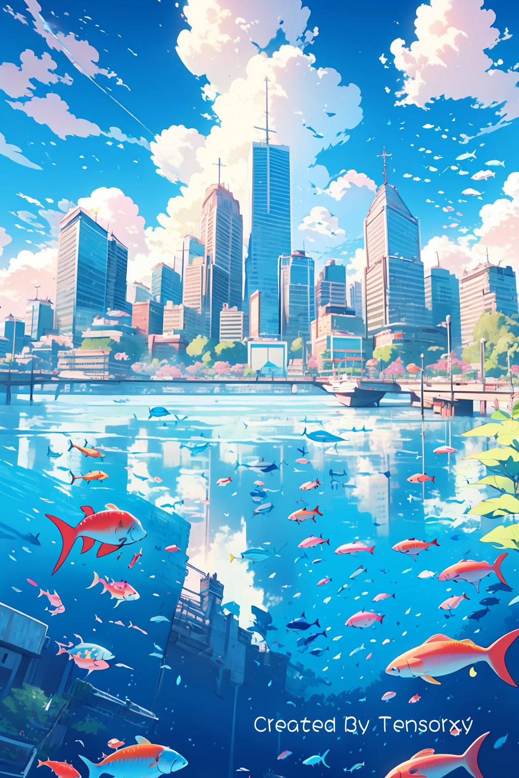 outdoors, sky, day, cloud, water, blue_sky, no_humans, animal, building, scenery, reflection, fish, blue_theme, city, cityscape, skyscraper