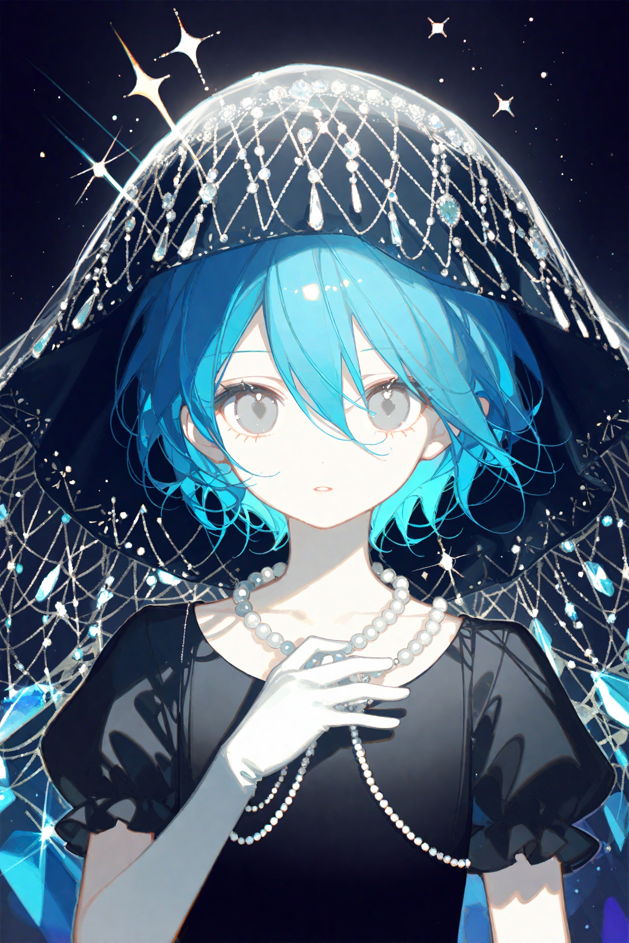 Artist:ask (askzy),Artist:chen bin,Artist:ciloranko,diamond (houseki no kuni),solo,looking at viewer,gloves,veil,short hair,parted lips,white gloves,upper body,hand on own chest,1other,black background,beads,black dress,short sleeves,multicolored hair,other focus,puffy sleeves,glint,elbow gloves,androgynous,dress,hair between eyes,crystal hair,gem,collarbone,pearl (gemstone),sparkle,hand up,puffy short sleeves,grey eyes,white hair,1girl,blue hair,eyelashes,dark background,