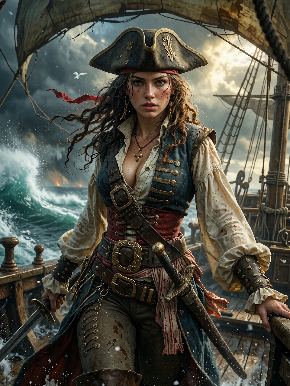 masterpiece,  female pirate captain aboard a storm-tossed ship,  ocean waves crashing on Tensor.Art