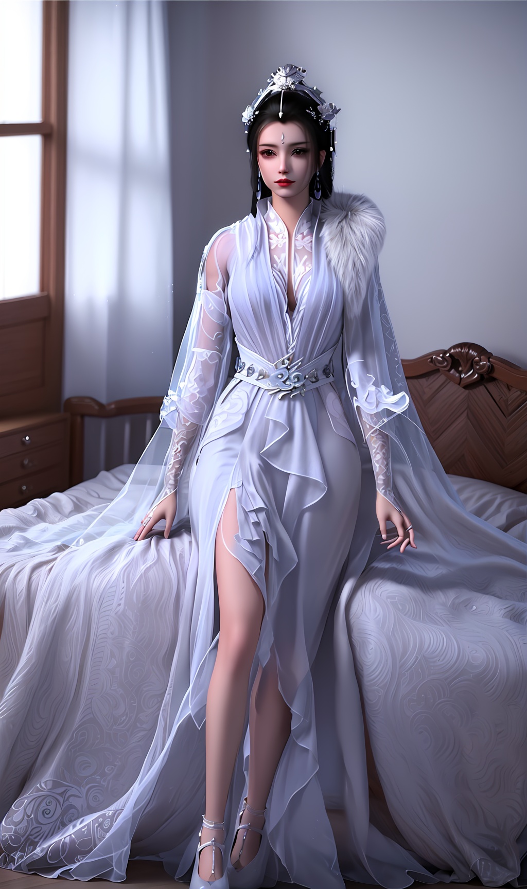 3D,masterpiece,(best quality),(makeup),official art, extremely detailed cg 8k wallpaper,((crystalstexture skin)), (extremely delicate and beautiful),(highly detailed),(1girl), (solo), (jewelry), (earrings),(black_hair),(long_hair),(hair_ornament),(handwear),(breasts),(sitting),,(full_body),(whole_body),(multicolored_clothes),(multicolored_dress),(collar),(fur:1.000),(hanfu:1.000),(robe:1.000),(white_dress:0.999),(tiara:1.000),(earrings:1.000),,(crown:1.000),(chinese_clothes),(adapted_costume), (long_sleeved),((closed_mouth)),(bracelet),(long_dress), (long_skirt),(long_legs),(high_heels:0.987),(white_shoes:0.987),(sunshine, indoor,bed),((looking_at_viewer)),((Facing the camera)),, <lora:hipoly3DModelLora_v10:0.3> <lora:枫岫-少年白马-瑶玥00:0.75>