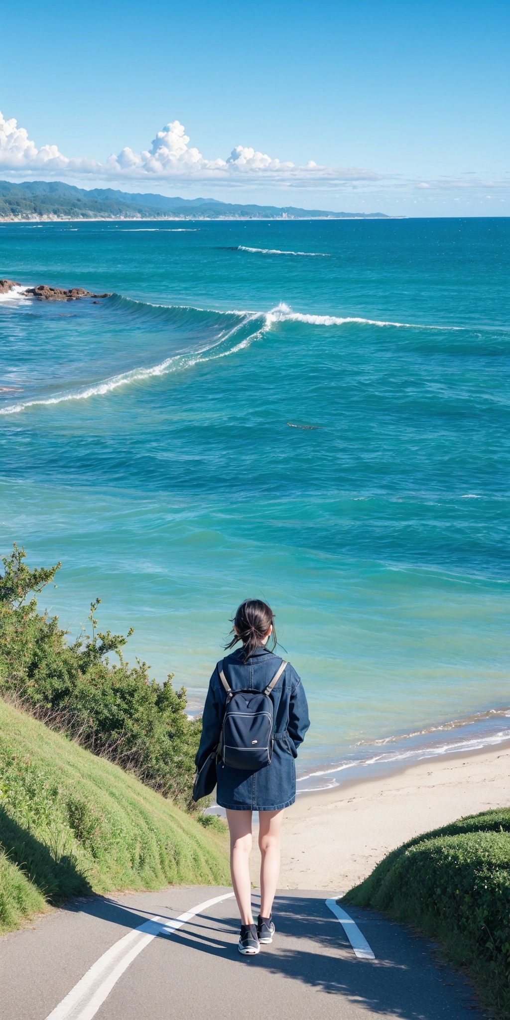 1girl,solo,looking at viewer,solo,full body,suburban scenery,sea,