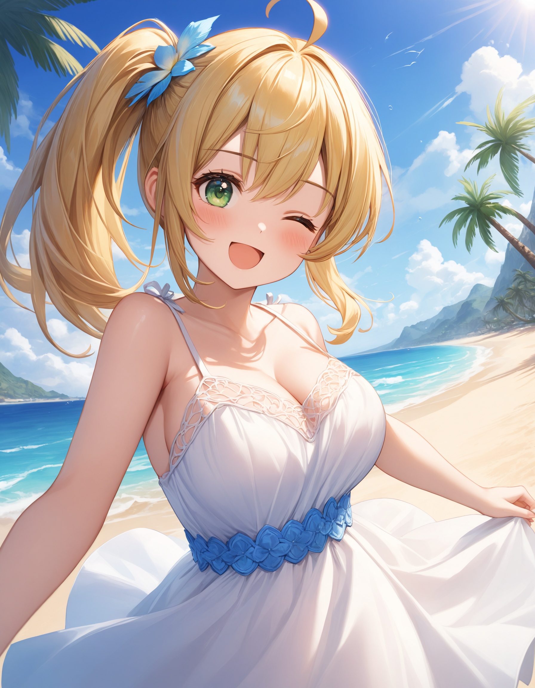 Upper body shot. Cinematic angle. A cute girl. . Detailed green eyes. . Medium hair,  ,  blonde hair on Tensor.Art