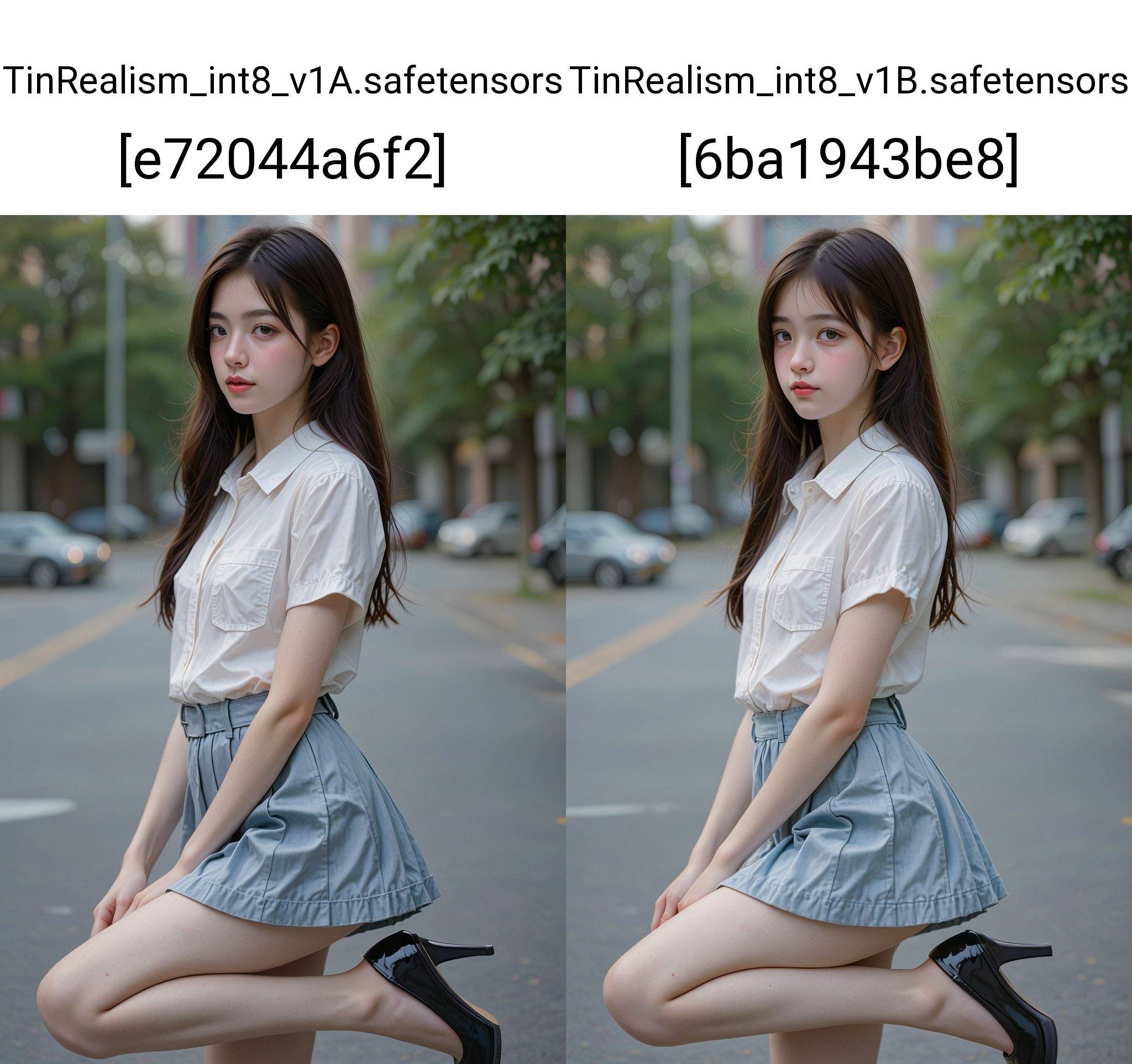 A young East Asian woman,  appearing to be in her early twenties,  stands on a city street. She has long on Tensor.Art