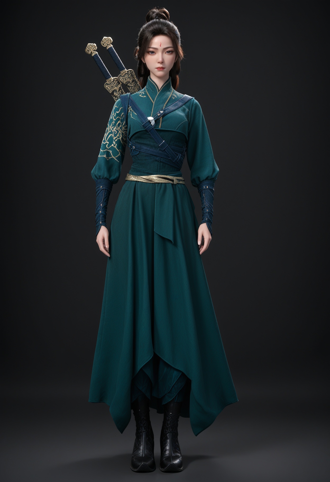 (cowboy shot:1.2),(score_9:1.2),(score_8_up:1.2),(top quality, 8k wallpaper:1.1),(masterpiece:1.1),(best quality:1.2),(intricate details),8k,1girl,facing viewer,(looking at viewer:1.1),<lora:YQ_pony_wentianren_shinv_V4:0.92:lbw=1,1,1,1,1,1,1,1,1,0.8,0.8,0.1>,q1528437228,1girl,solo,black hair,long hair,chinese clothes,forehead mark,weapon,sword,weapon on back,sword on back,long sleeves,hair bun,sword behind back,blue eyes,black eyes,boots,sheath,brown hair,jewelry,brown eyes,black footwear,hair rings,BREAK(score_9:1.2),(score_8_up:1.2),masterpiece,best quality,very aesthetic,perfect anatomy,(hourglass),perfect face,(simple background,pure black background,black background:1.1),fair_skin,(shiny_skin:1.1),Ivory_skin,