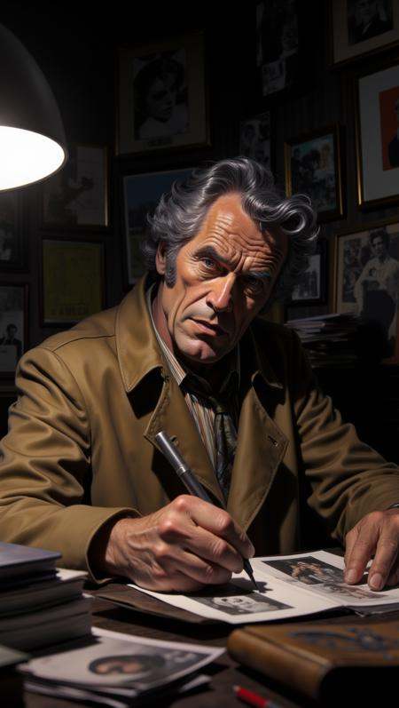 close up of A grizzled private detective in a rumpled trench coat sits at his cluttered desk,  staring at a photograph. Hi...