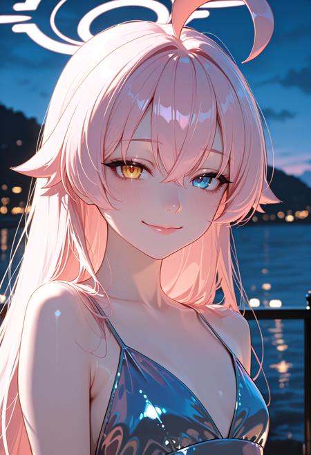masterpiece, newest, absurdres, best quality, hires, 1girl, takanashi hoshino \(blue archive\), evening gown, flat chest, outdoors, portrait, volumetric lighting, looking at viewer, seductive smile