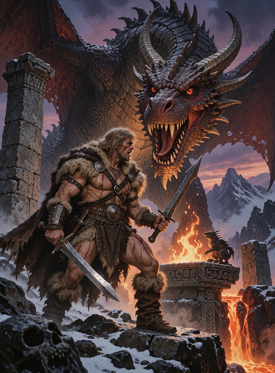 A battle-scarred barbarian warrior wearing worn leather armor and a heavy fur cloak confronts an enormous ancient dragon a...
