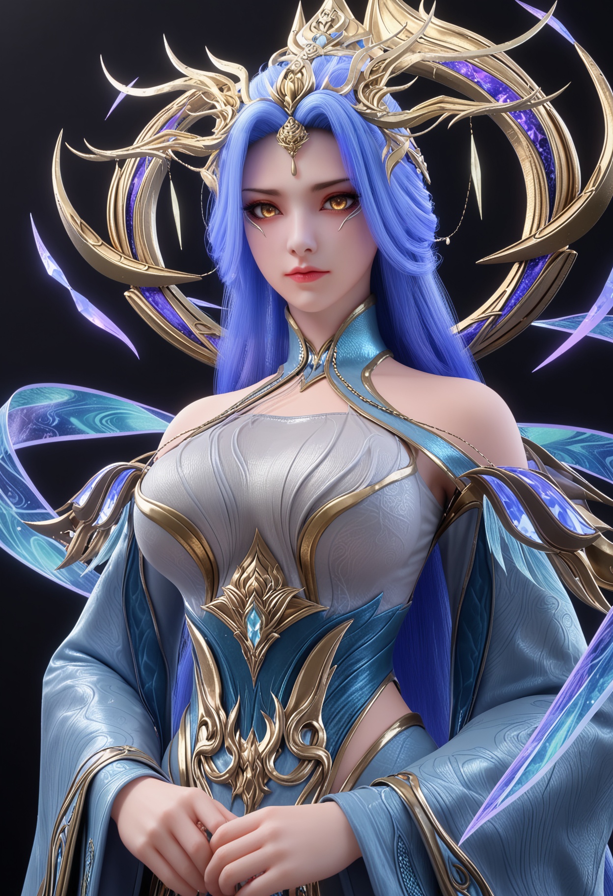 score_9,looking_at_viewer,upper body,(large breasts:0.8),zetiannvdi,1girl,solo,long hair,blue hair,hair ornament,dress,closed mouth,long sleeves,bare shoulders,detached sleeves,yellow eyes,wide sleeves,makeup,(simple background,pure black background,black background:1.1),perfect_anatomy,<lora:QQSponyzetiannvdiV1:0.8>,